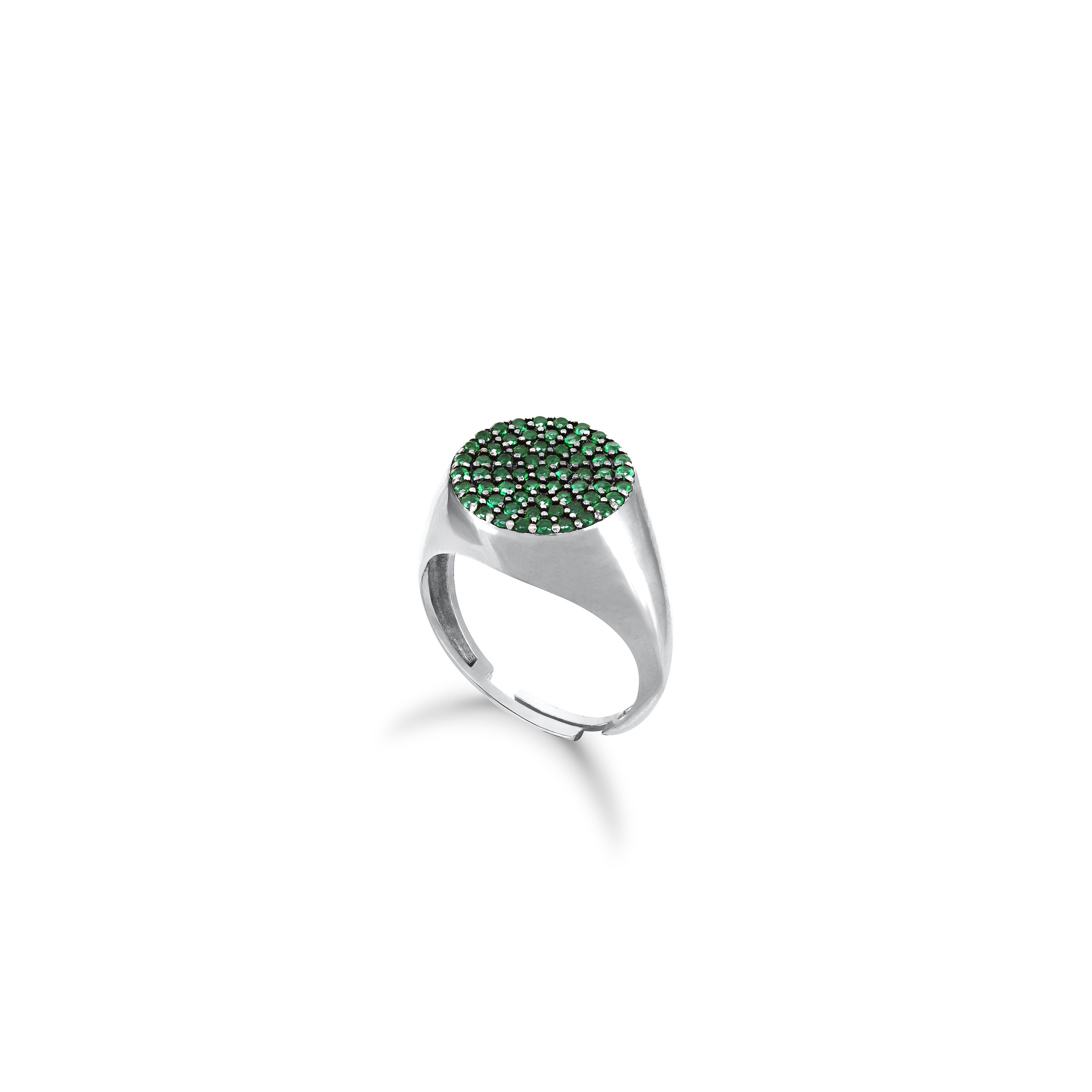 Round Pave Cubic Zirconia Signet Pinky Ring - Silver Green