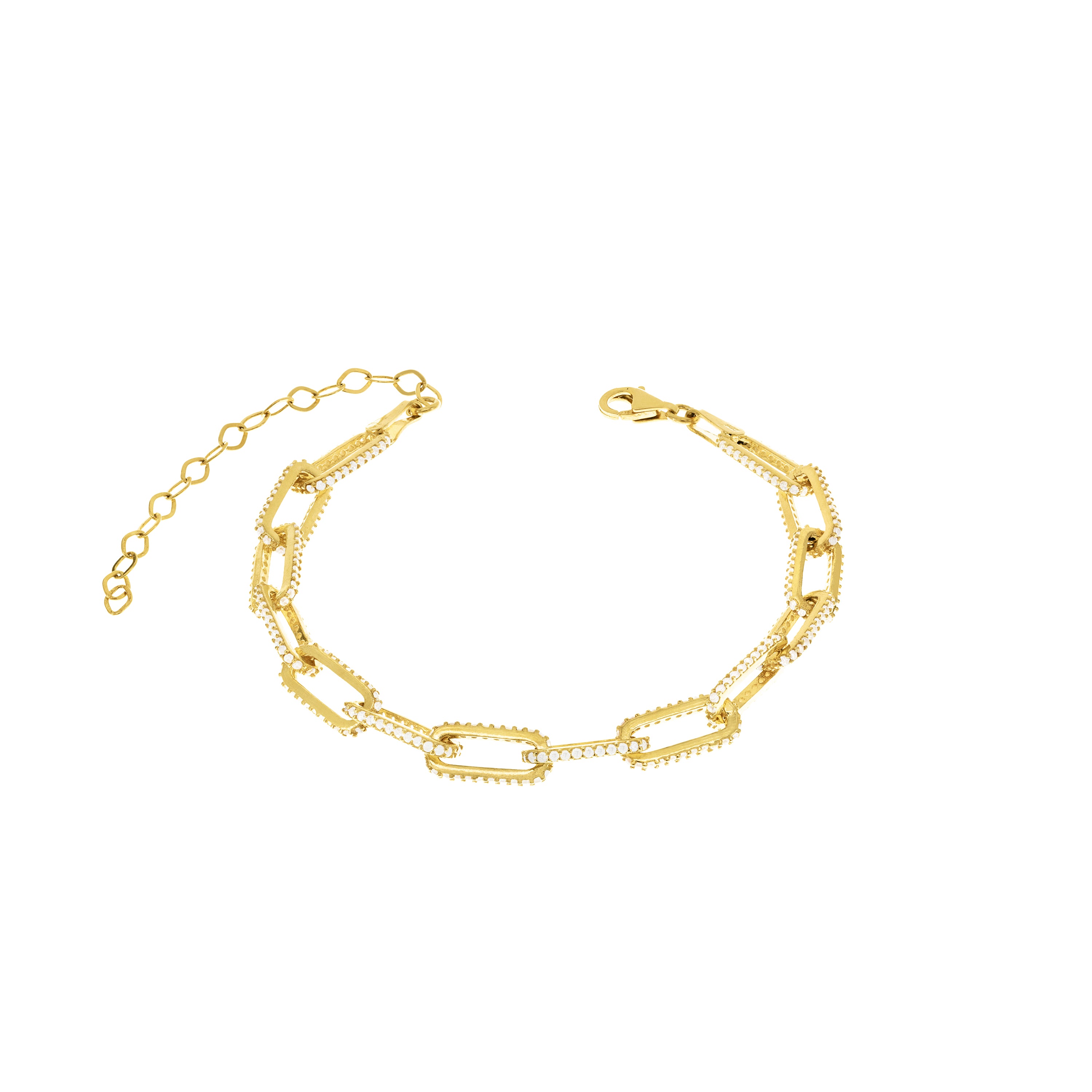 Side Pave Paperclip Link Bracelet - Gold