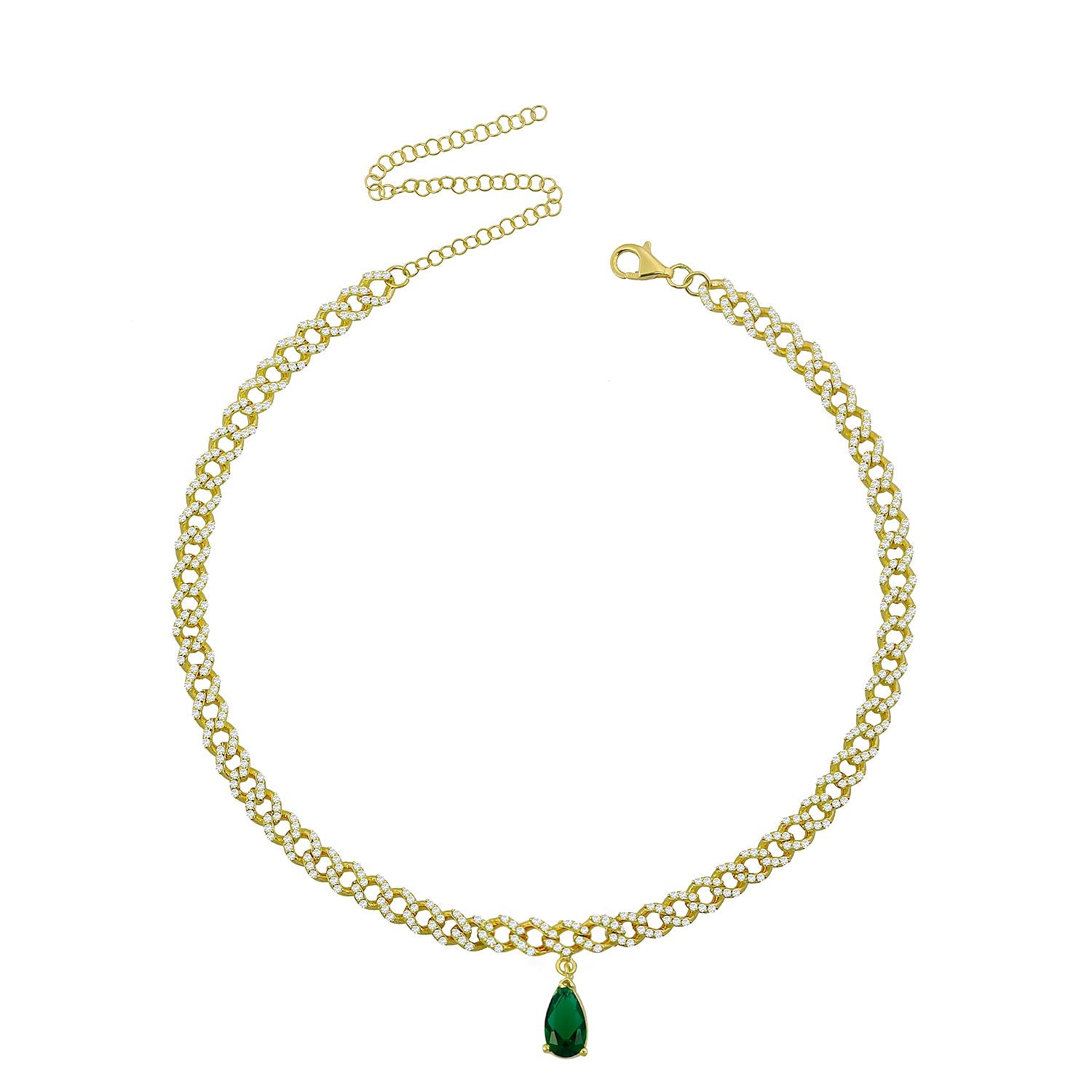Single Emerald Teardrop Pave Curb Chain Choker - Gold Green And White