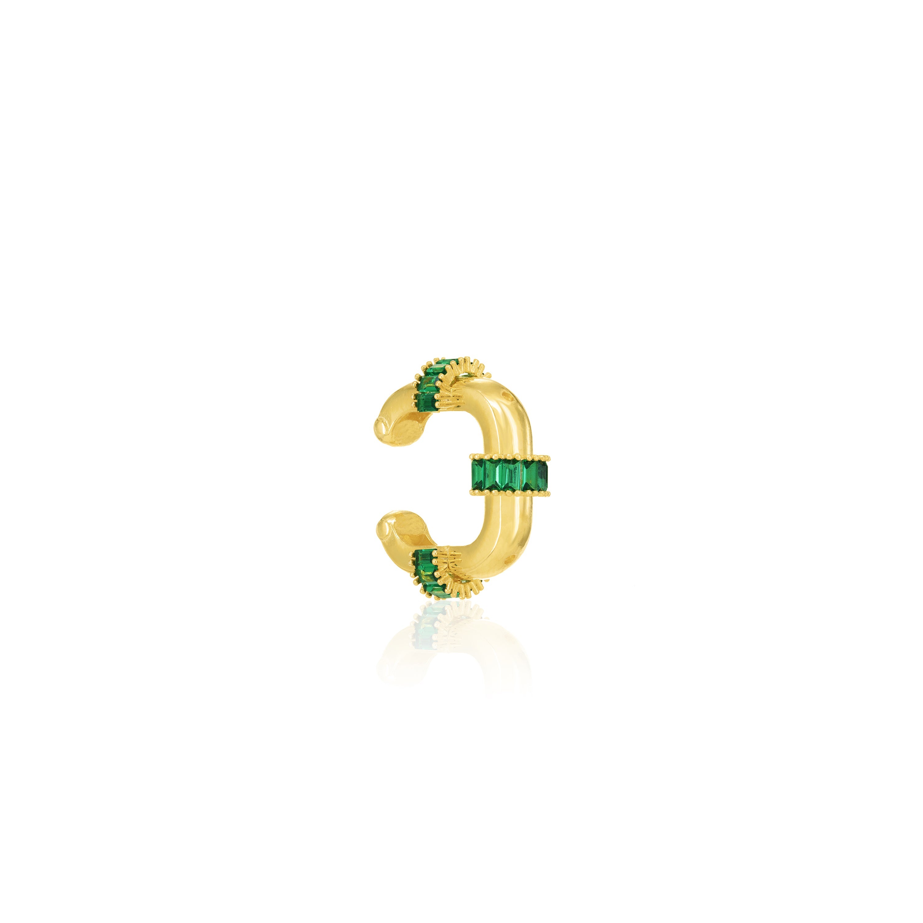 Three Baguette Stripes Square Shape Ear Cuff - Gold Green