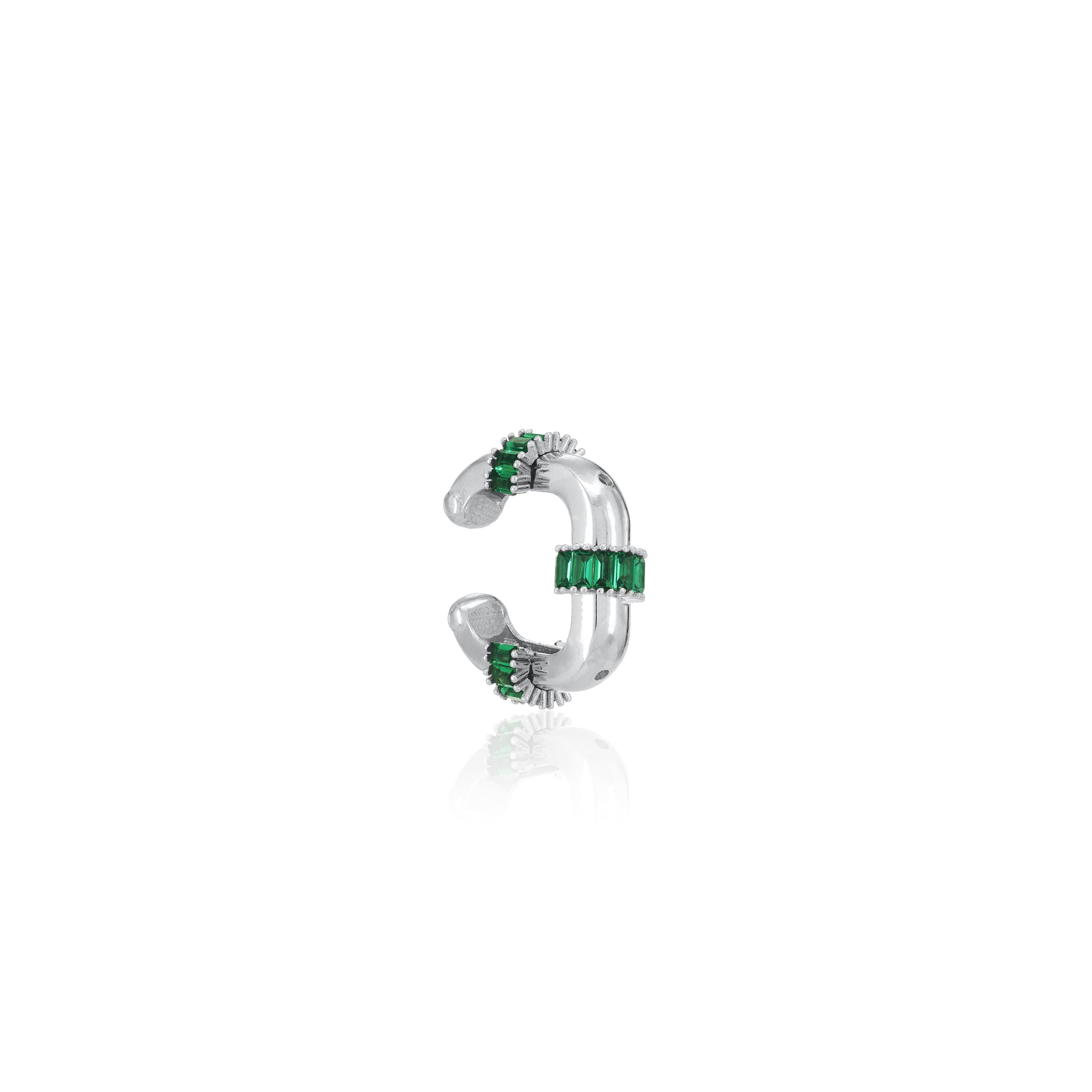 Three Baguette Stripes Square Shape Ear Cuff - Silver Green
