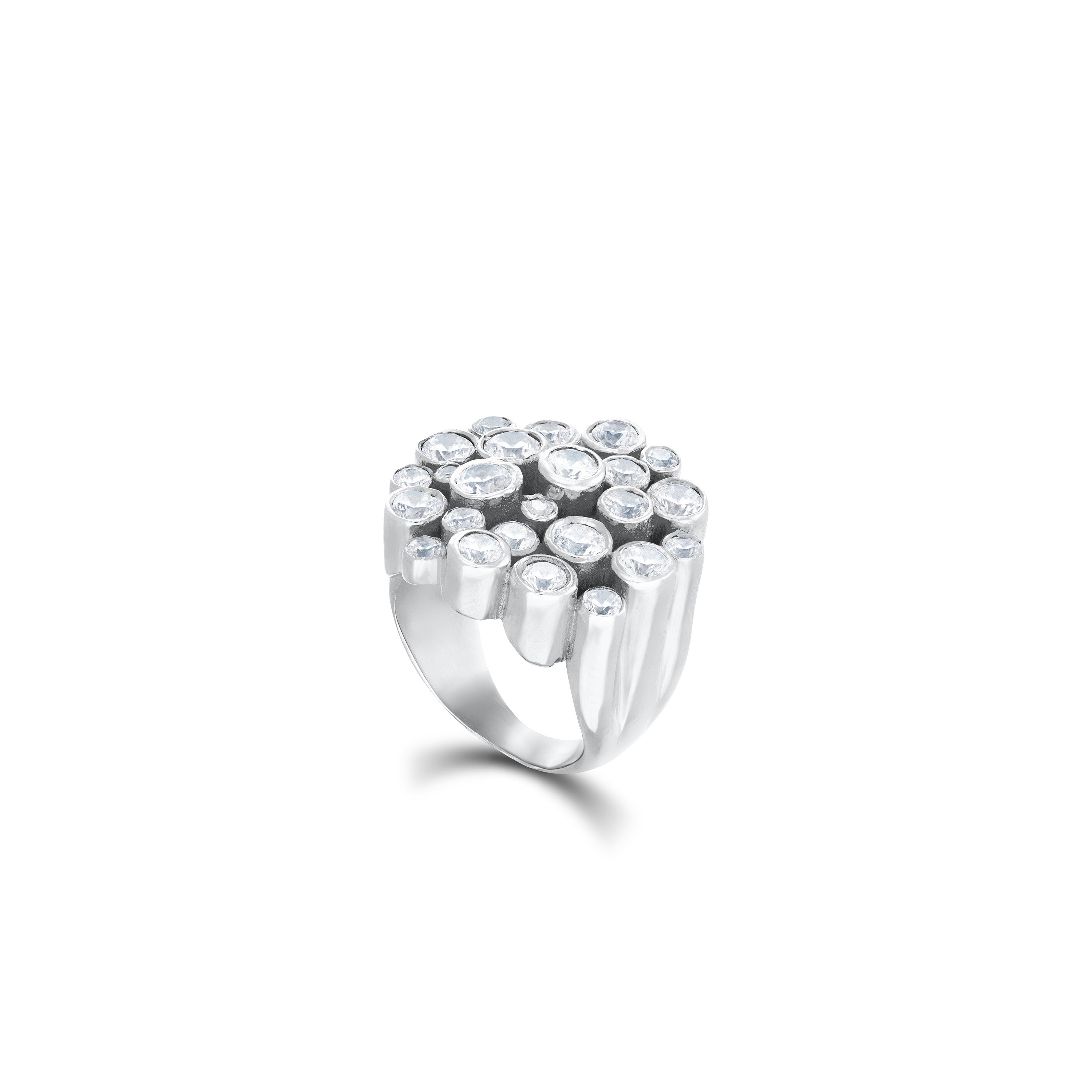 Cluster Dome Cz Bezel Statement Ring - Silver White
