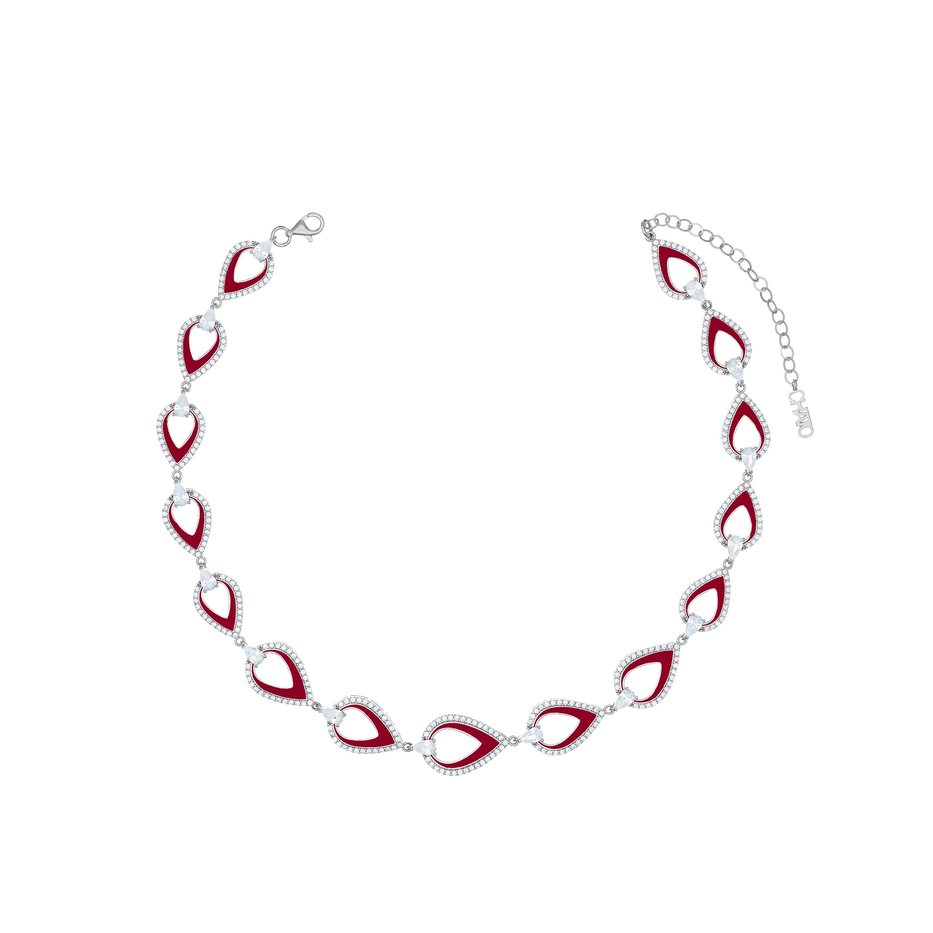Cubic Zirconia Teardrop Pear Cut Shaped Enamel Choker - Silver Burgundy