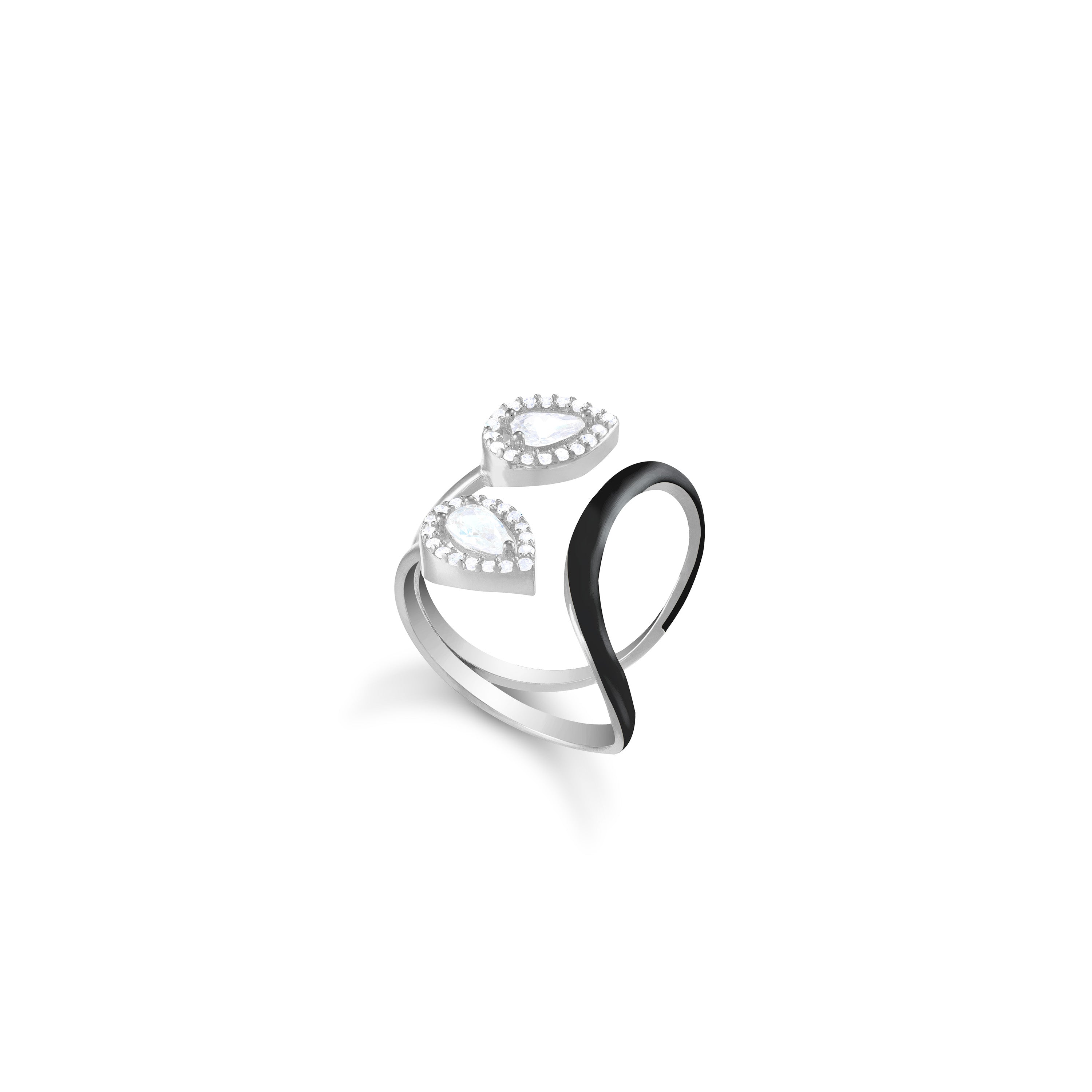 Cubic Zirconia Two Teardrop Enamel Curved Line Ring