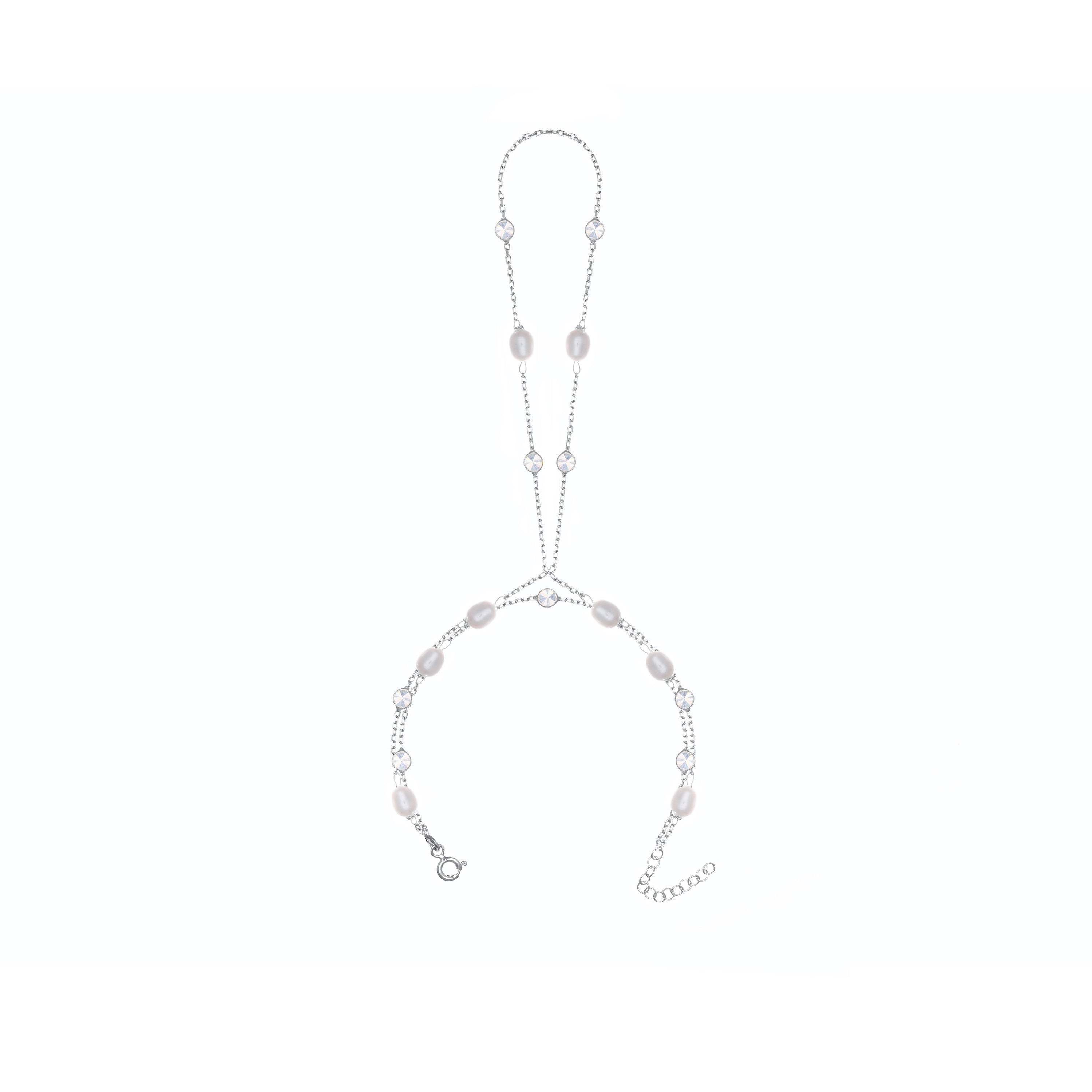 Cubic Zirconia And Pearl Bezel Hand Bracelet - Silver White