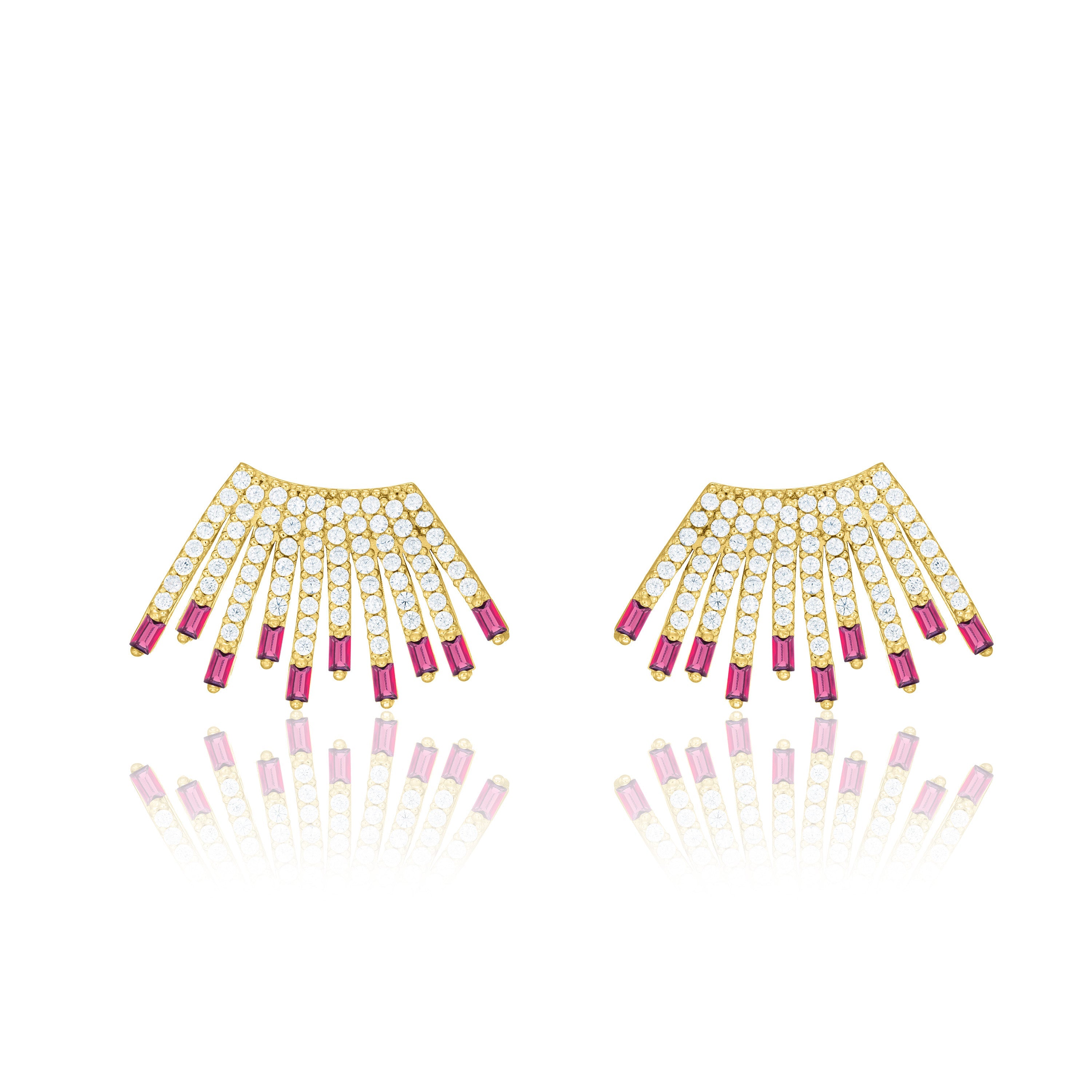Cubic Zirconia Baguette Sun Rays Earrings - Gold Fuchsia And White - Big