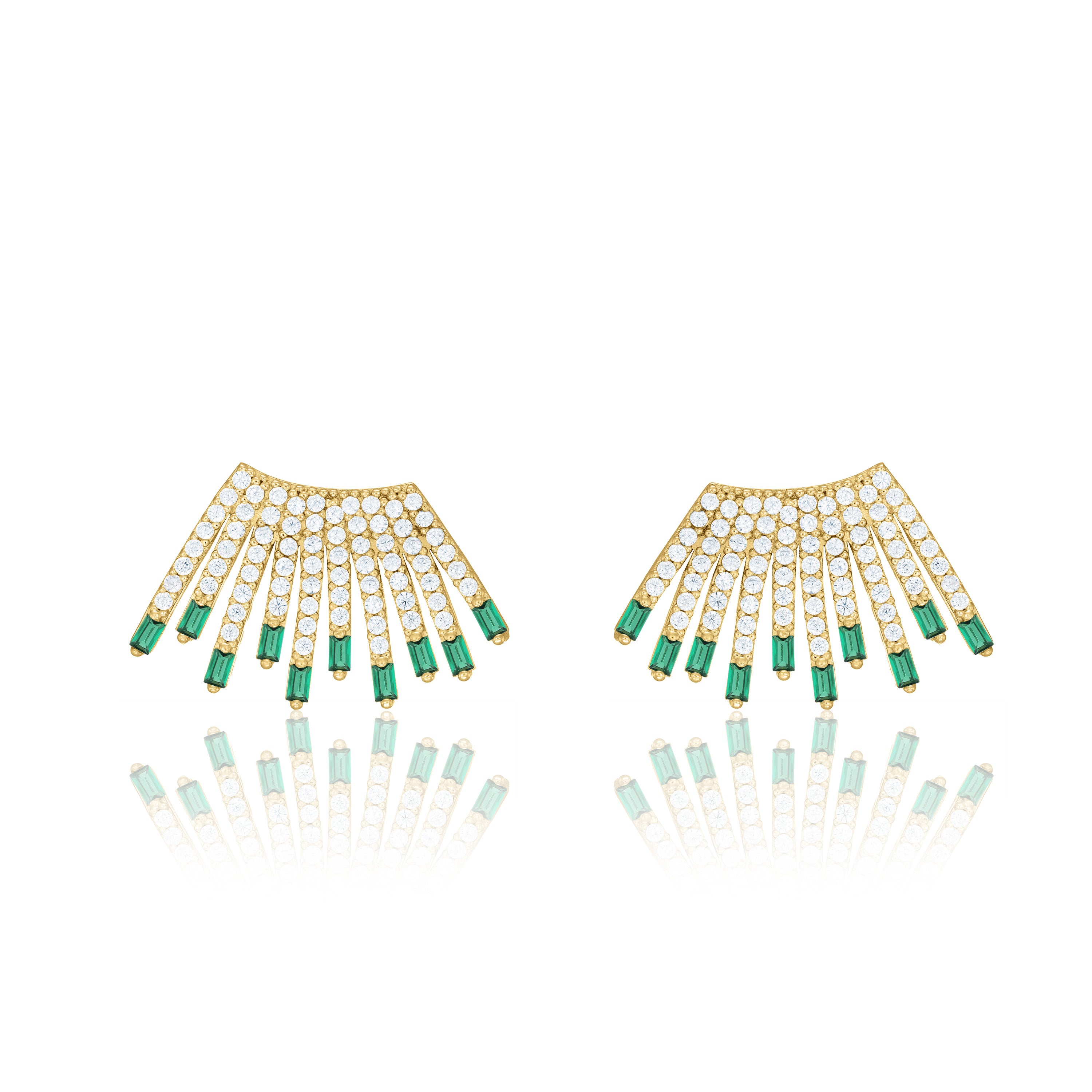 Cubic Zirconia Baguette Sun Rays Earrings - Gold Green And White - Big