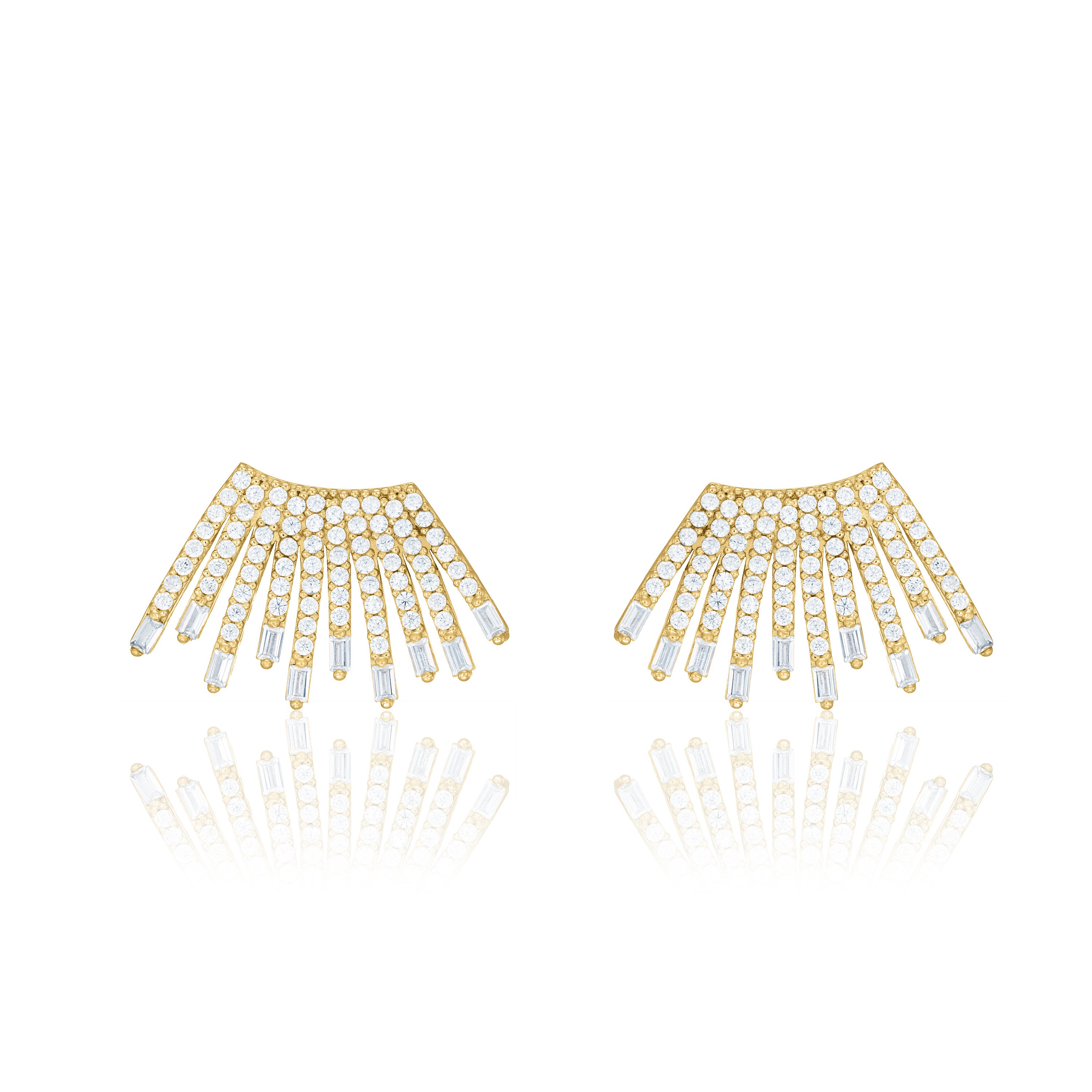 Cubic Zirconia Baguette Sun Rays Earrings - Gold White - Big