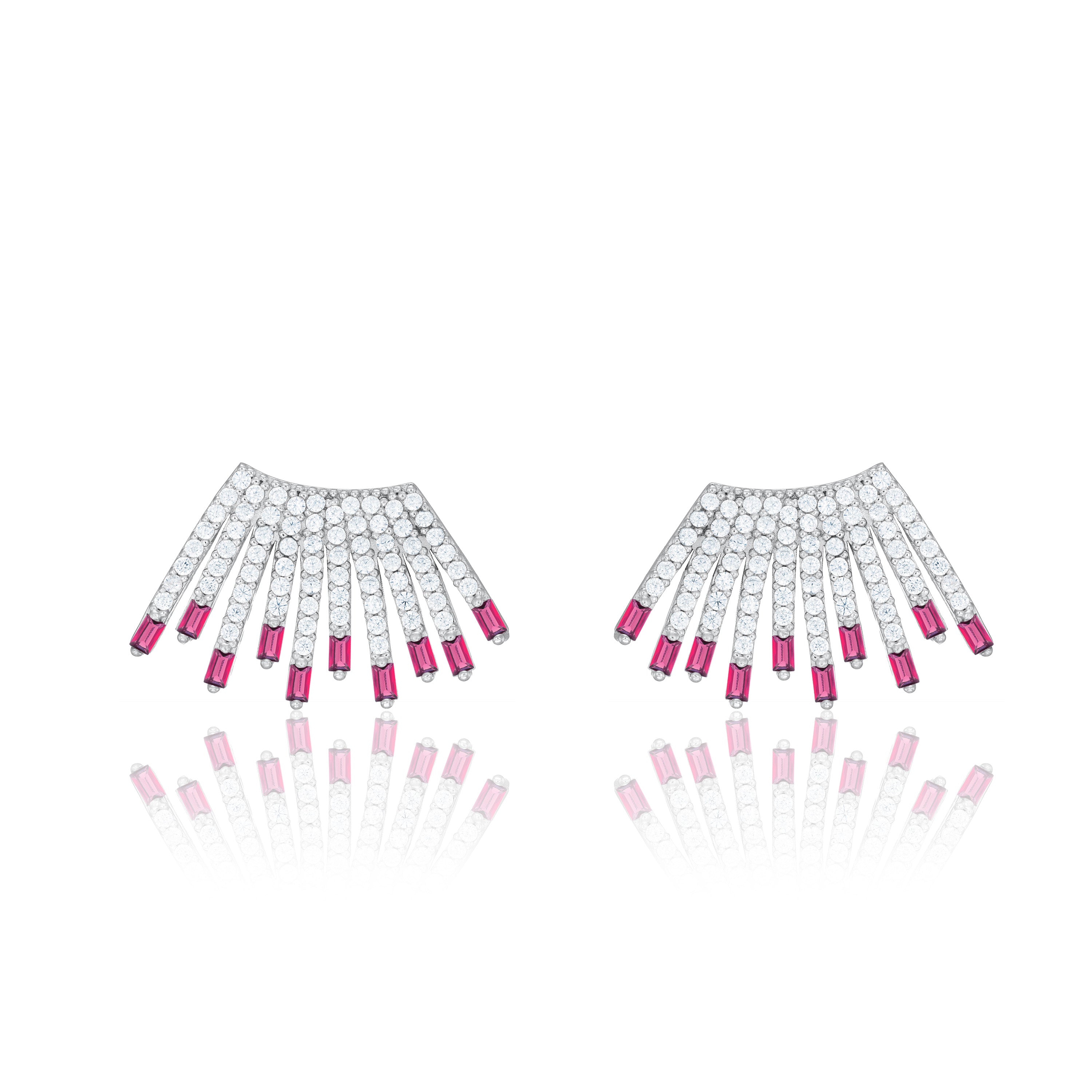 Cubic Zirconia Baguette Sun Rays Earrings - Silver Fuchsia And White - Big