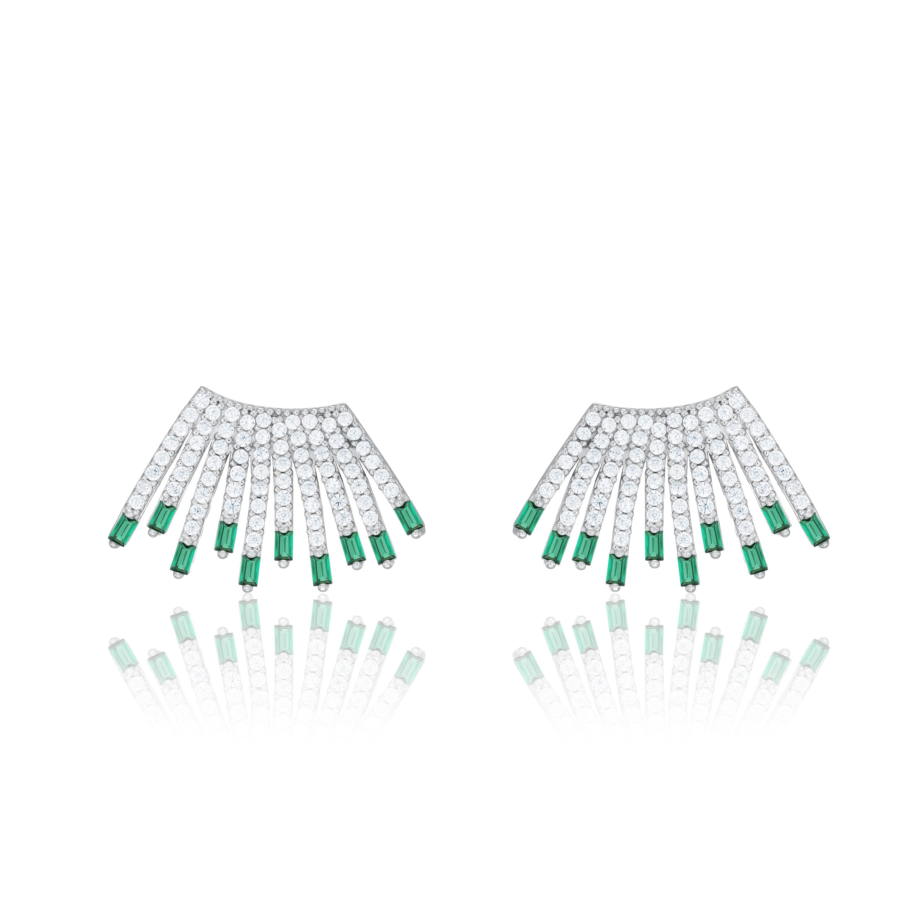 Cubic Zirconia Baguette Sun Rays Earrings - Silver Green And White - Big