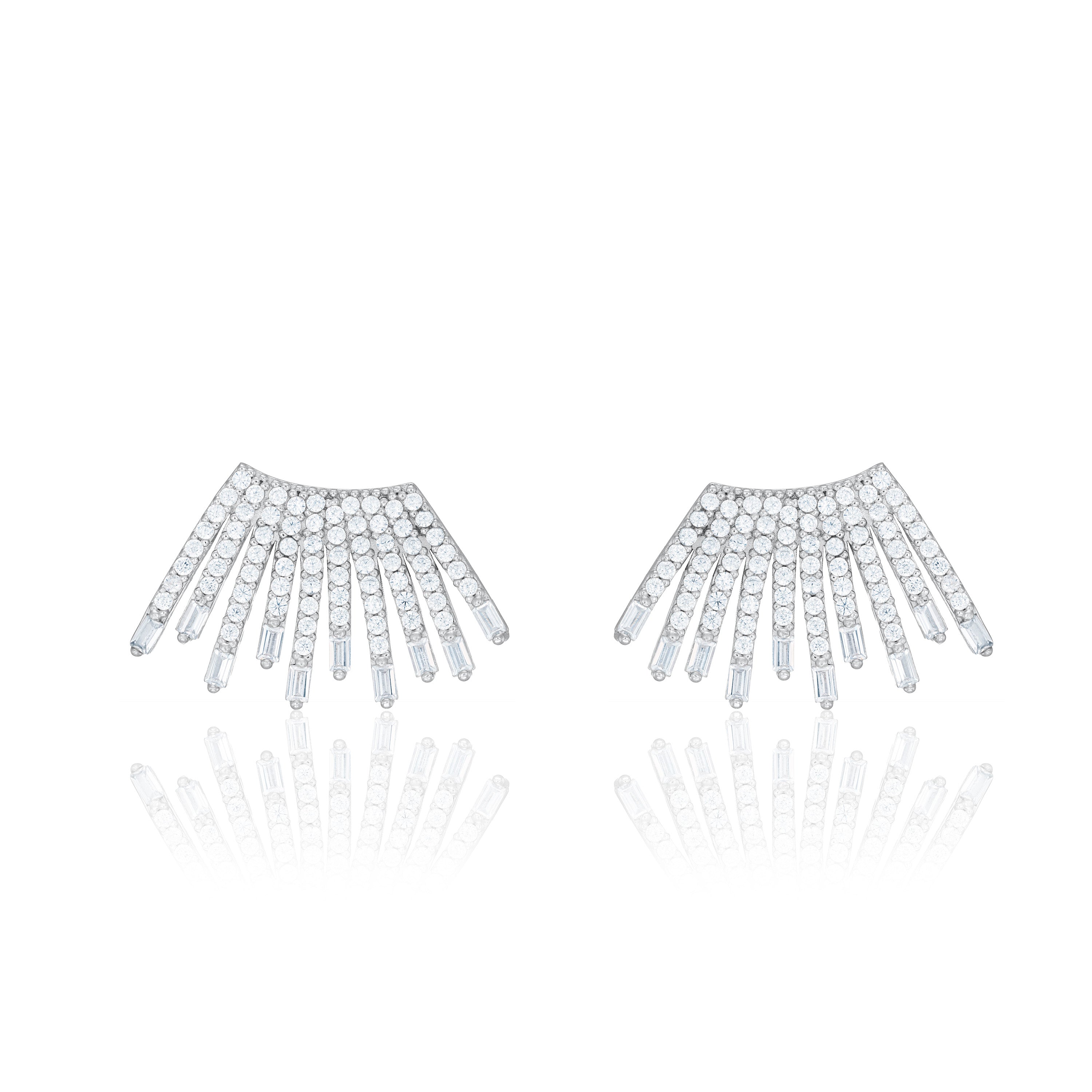Cubic Zirconia Baguette Sun Rays Earrings - Silver White - Big