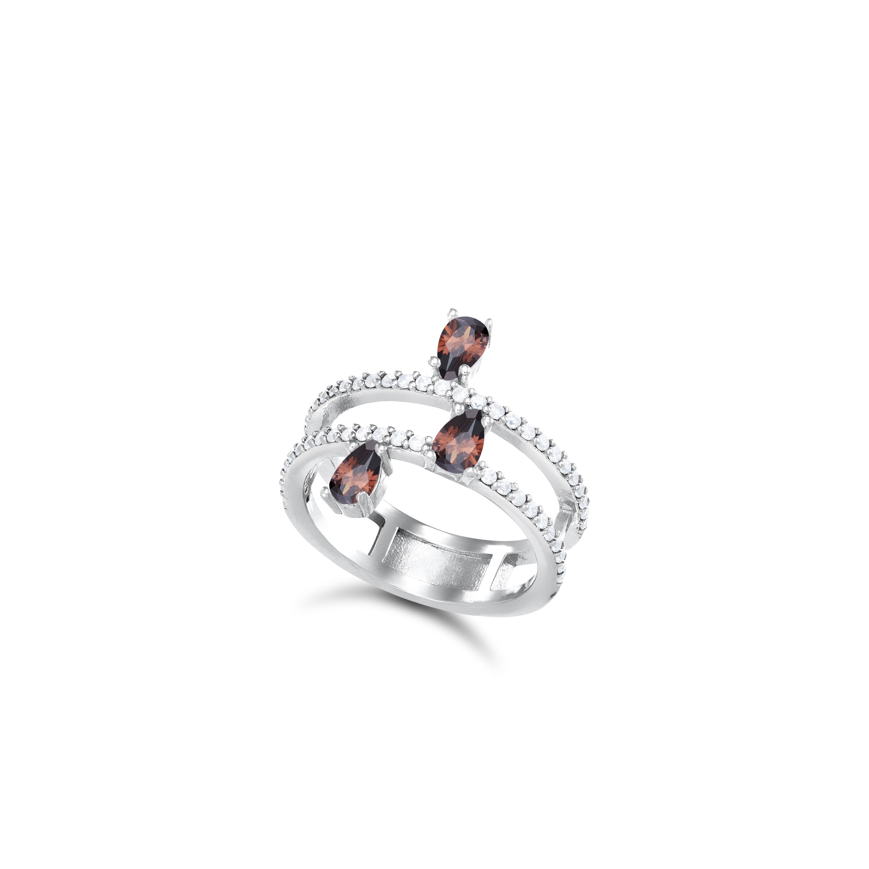 Cubic Zirconia Double Line Three Teardrops Ring - Silver Brown And White