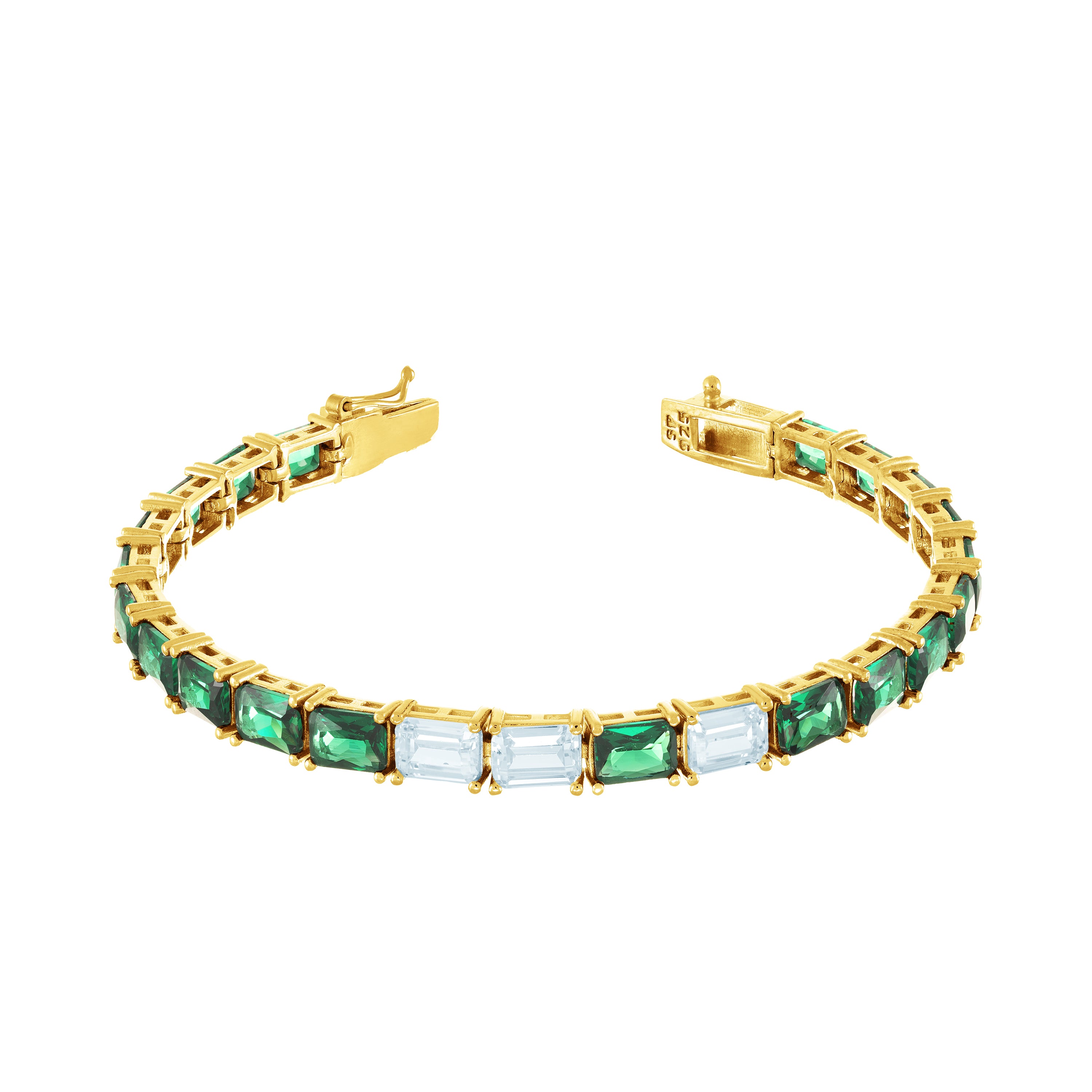 Cubic Zirconia Emerald Cut Tennis Bracelet With Box Clasp -  Gold Green And White