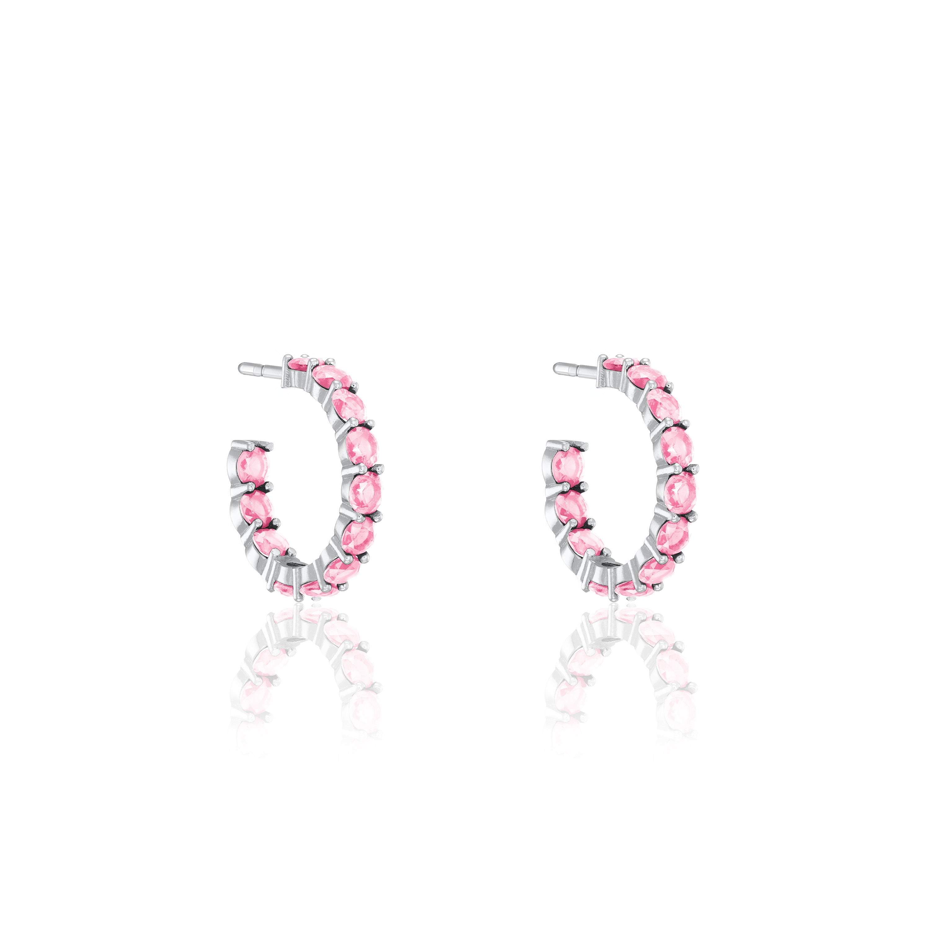 Cubic Zirconia Inside Out Semi Hoop Earrings - Silver Light Pink - Small