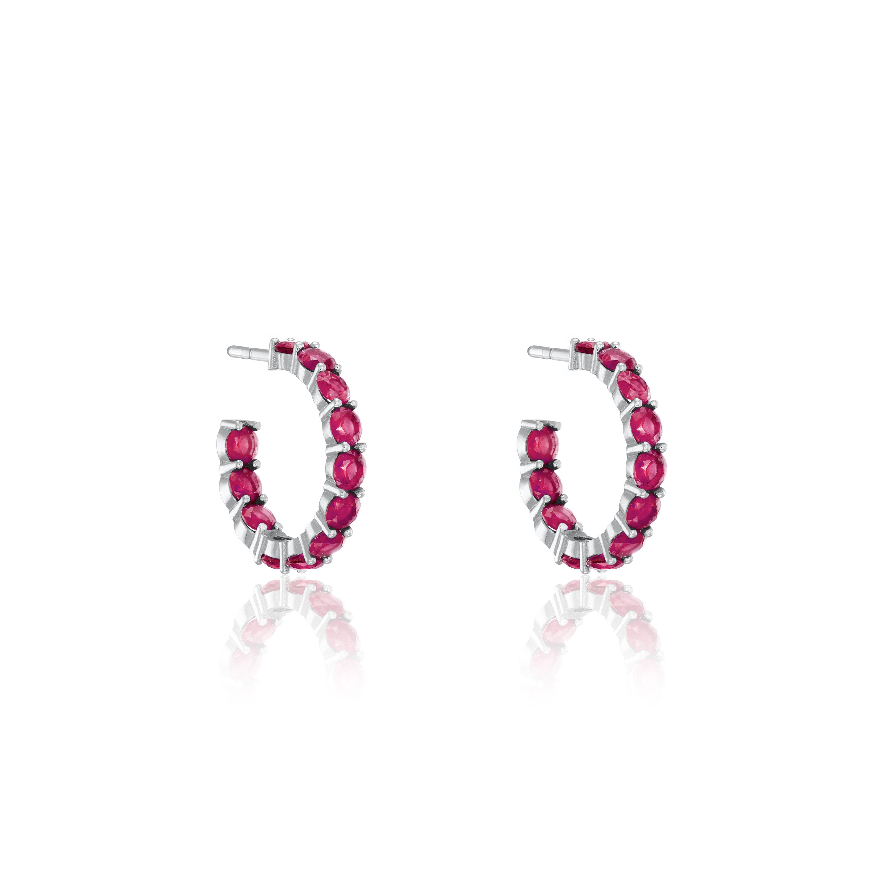 Cubic Zirconia Inside Out Semi Hoop Earrings - Silver Ruby Matt - Small