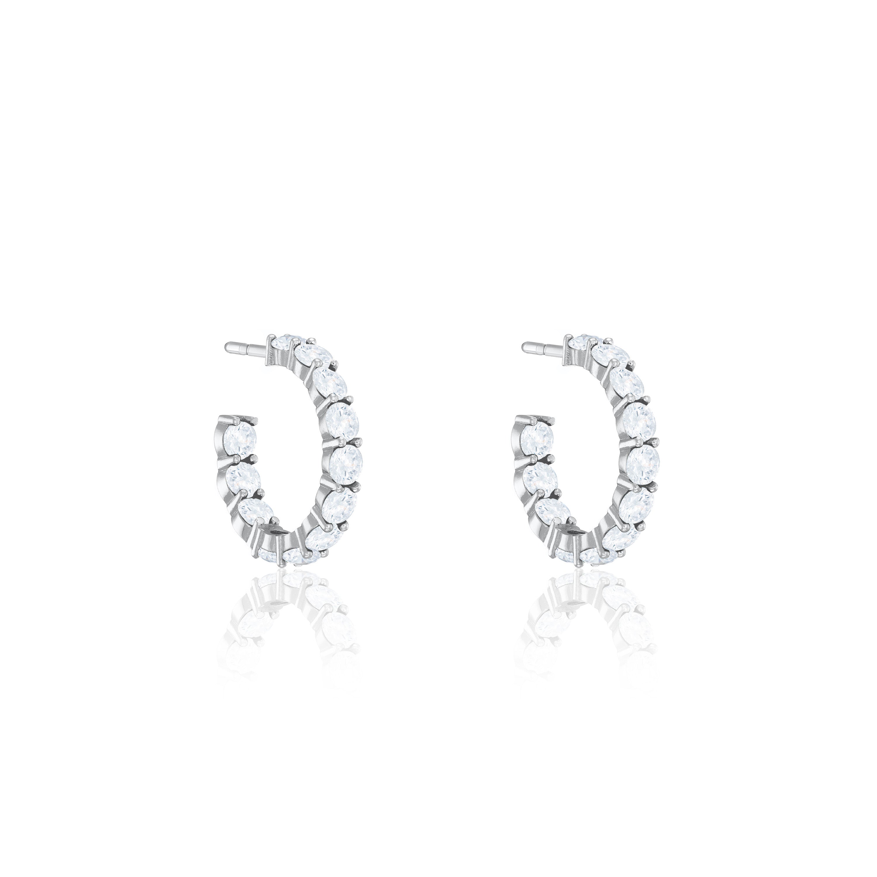 Cubic Zirconia Inside Out Semi Hoop Earrings - Silver White - Small