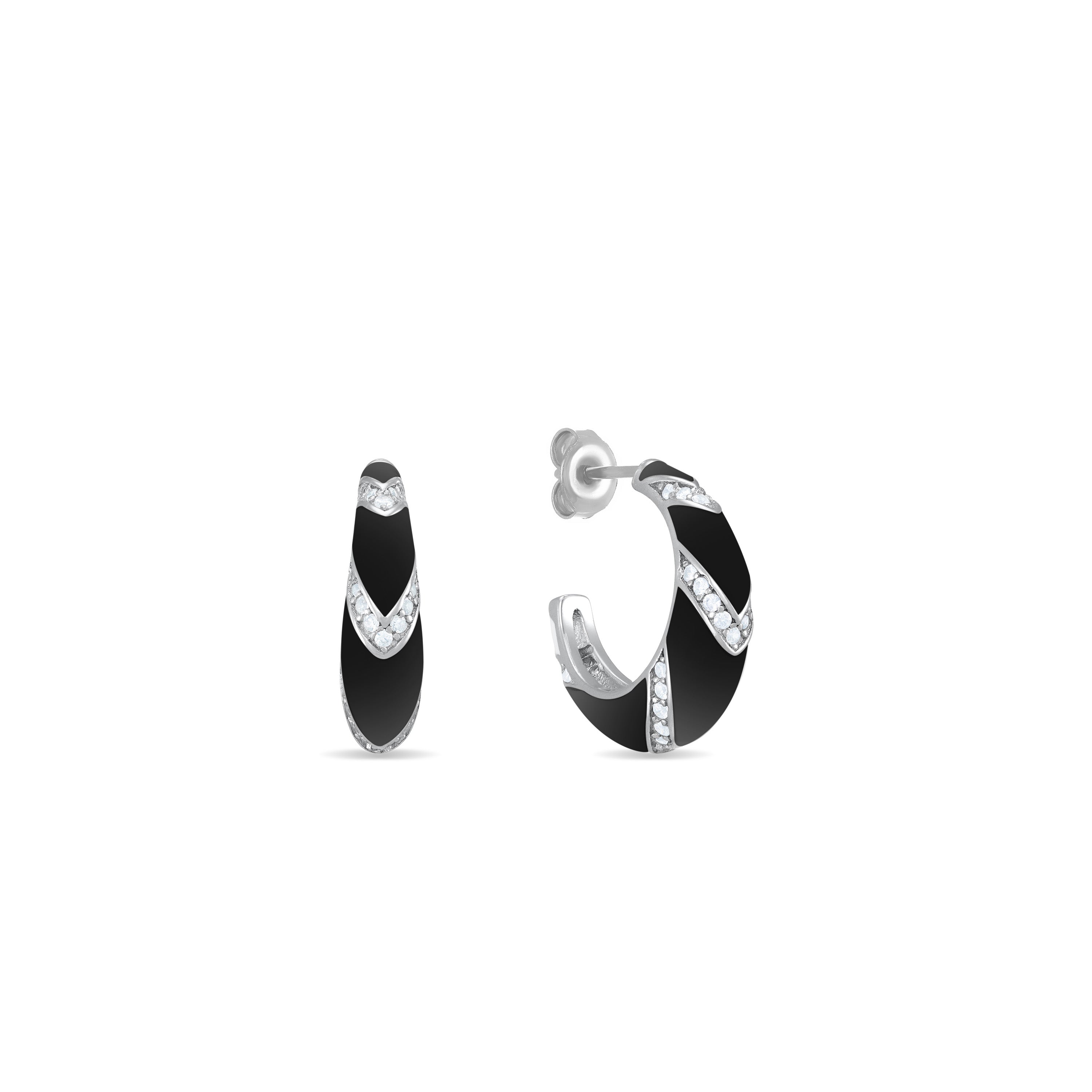 Cubic Zirconia V Shape Stripes Enamel Open Hoop Earrings - Silver Black