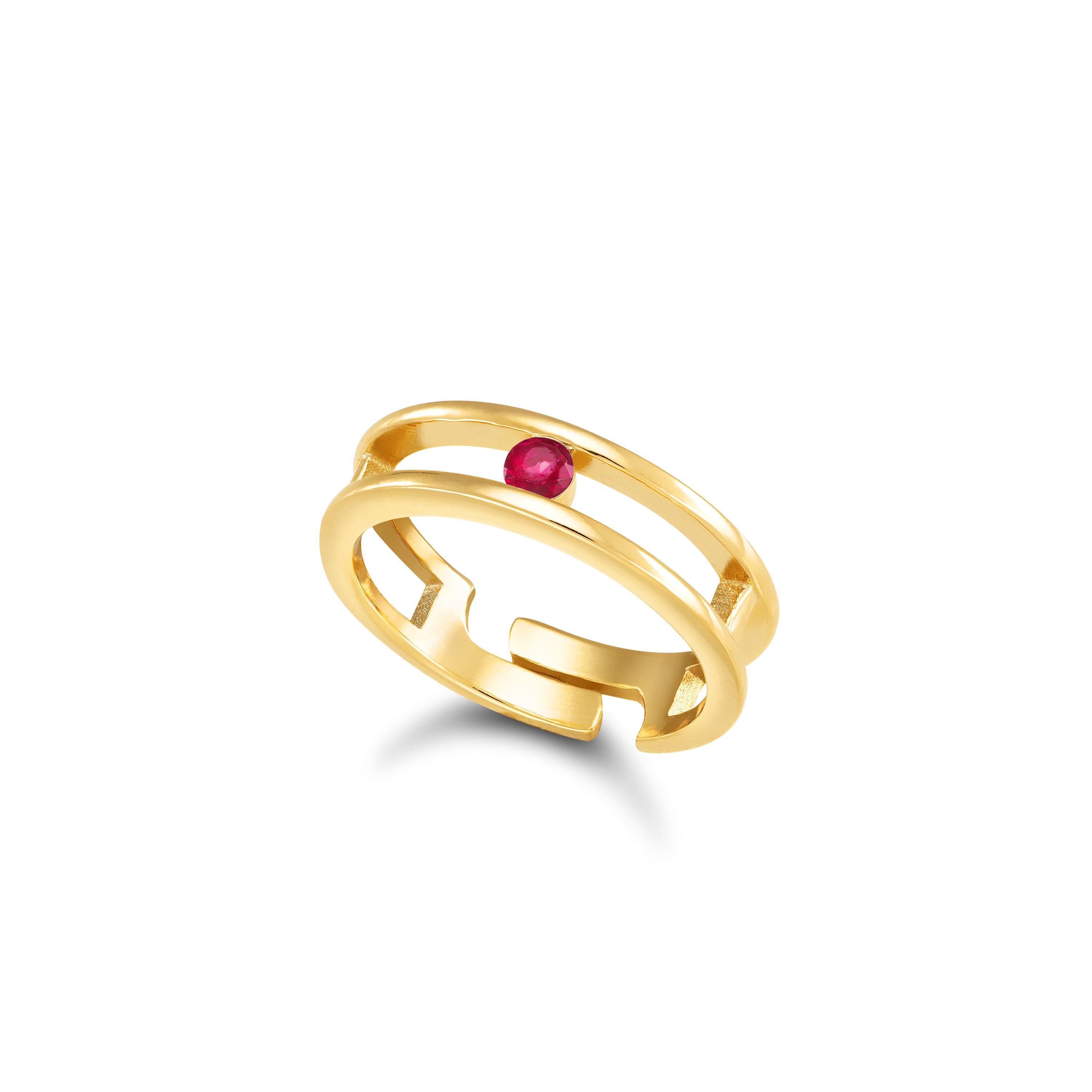 Double Circle With One Dot Ring - Gold Ruby