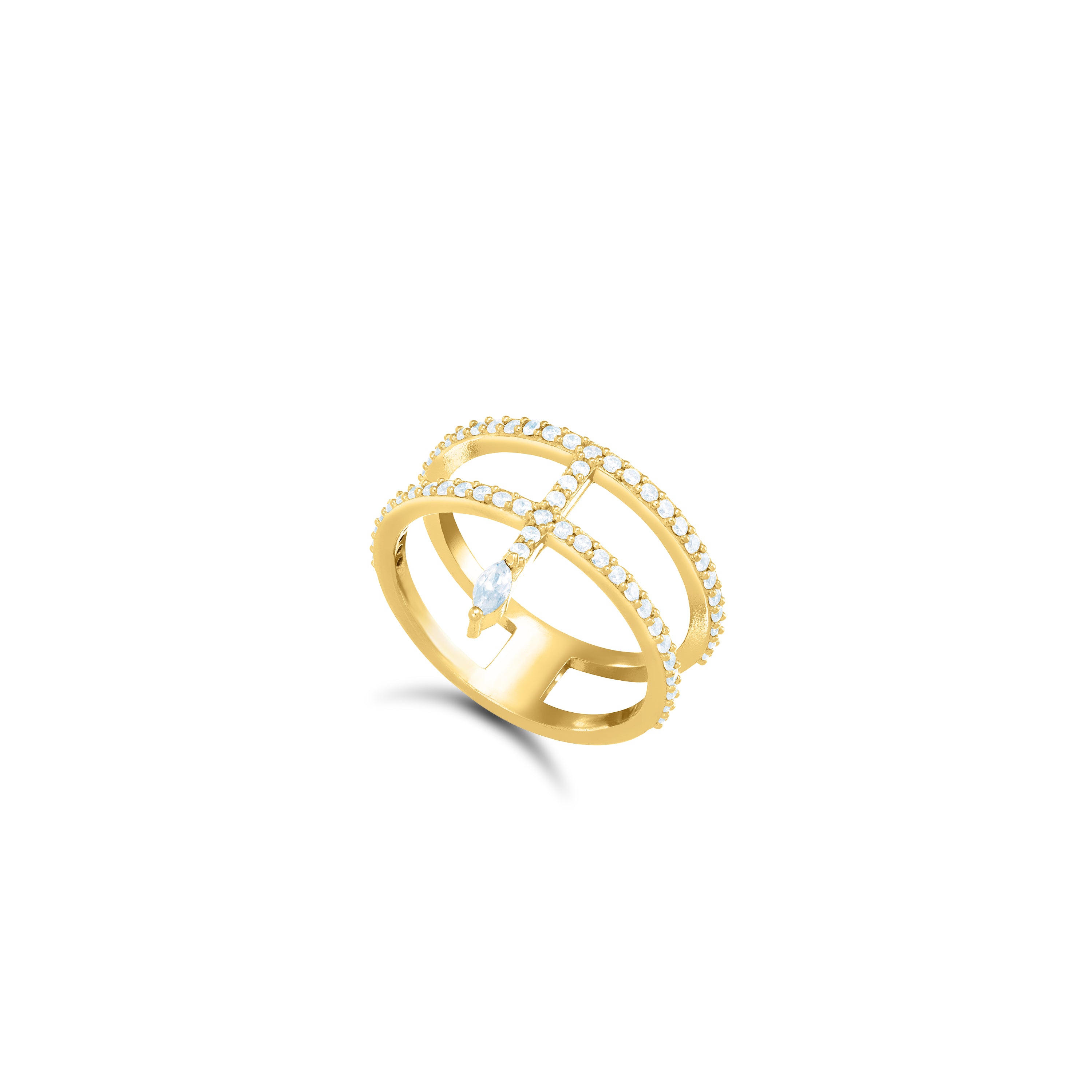Double Line CZ With Thin Line Marquise Ring - Gold White