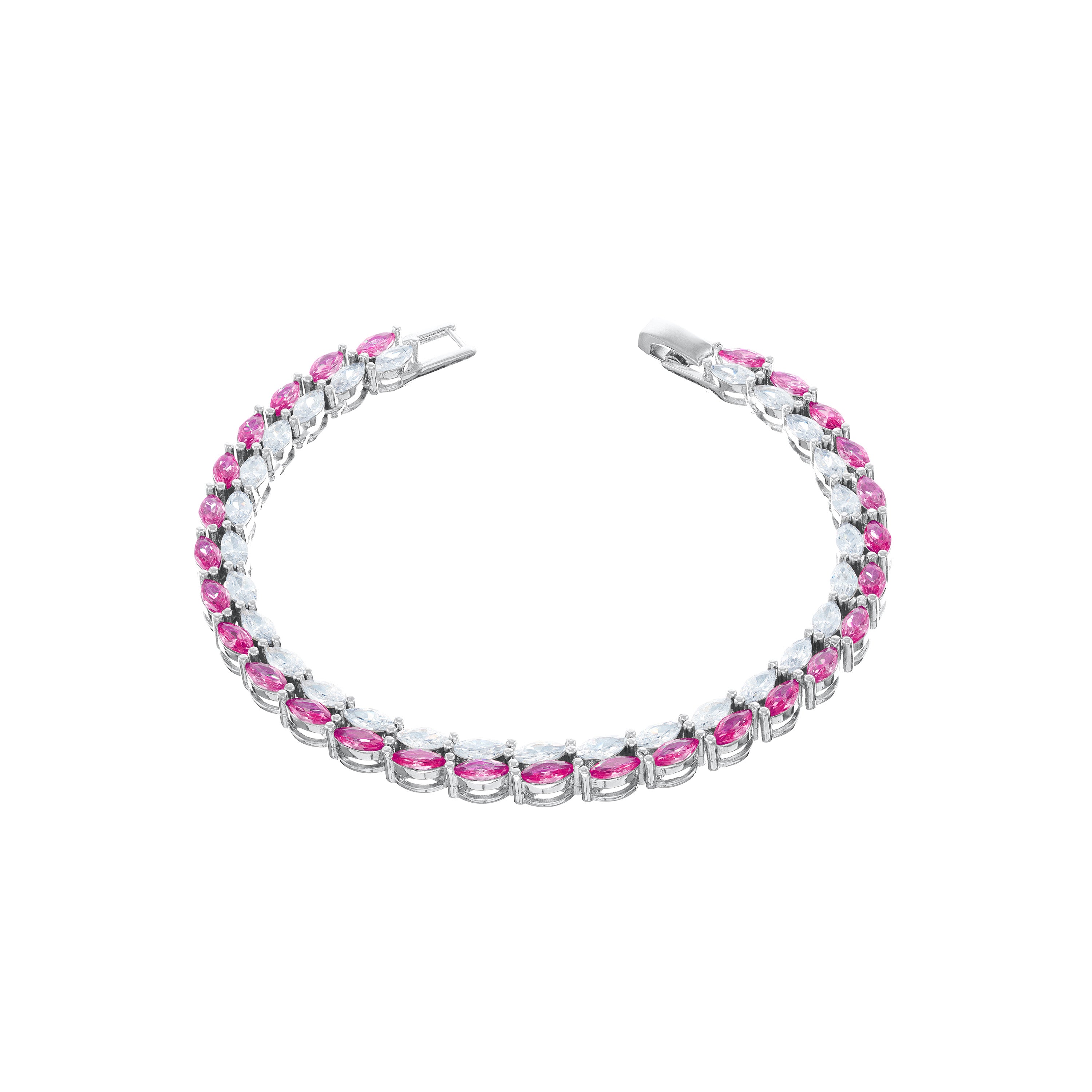 Double Marquise Line Tennis Bracelet - Silver Fuschia Shiny And White