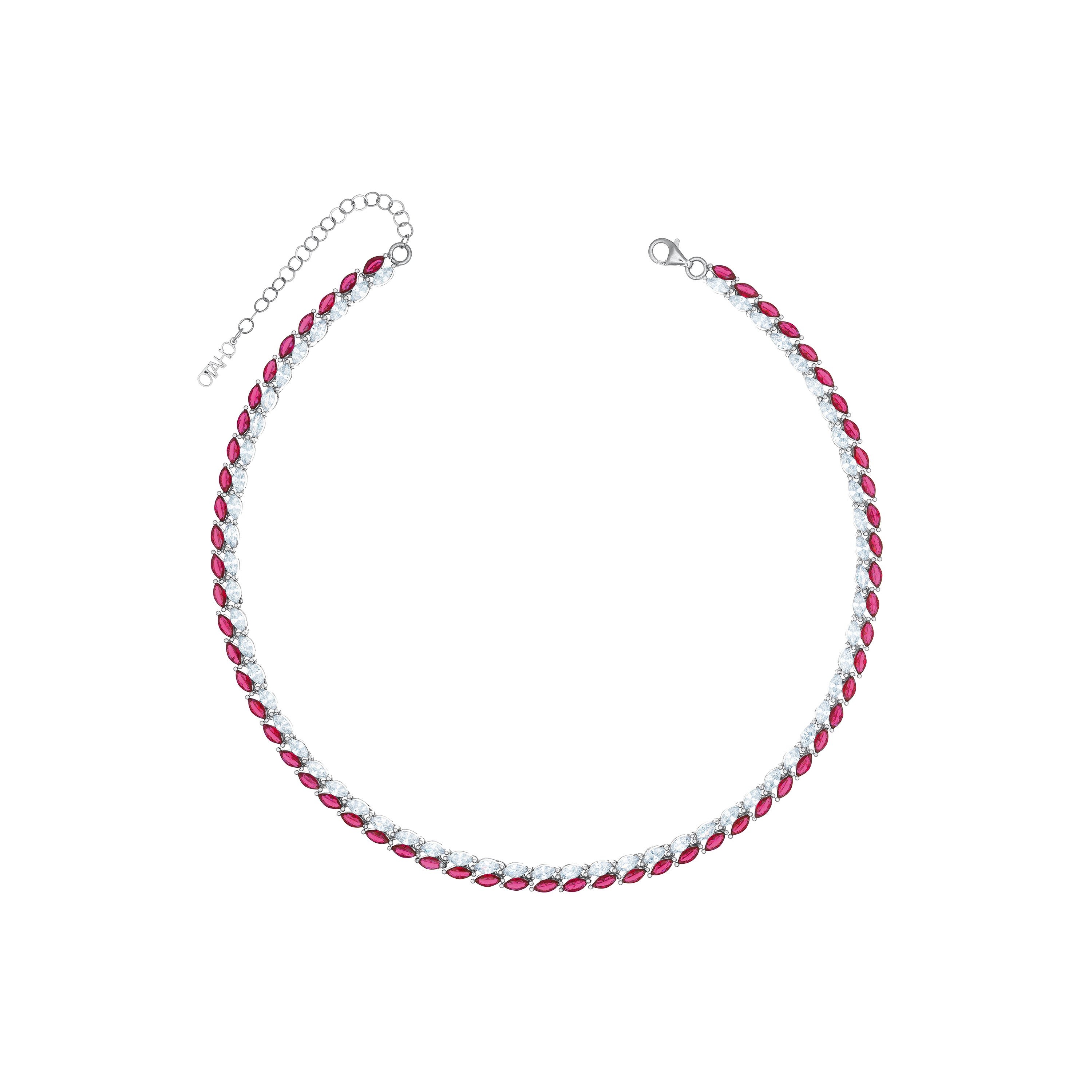 Double Marquise Line Tennis Choker - Silver Ruby Matt And White