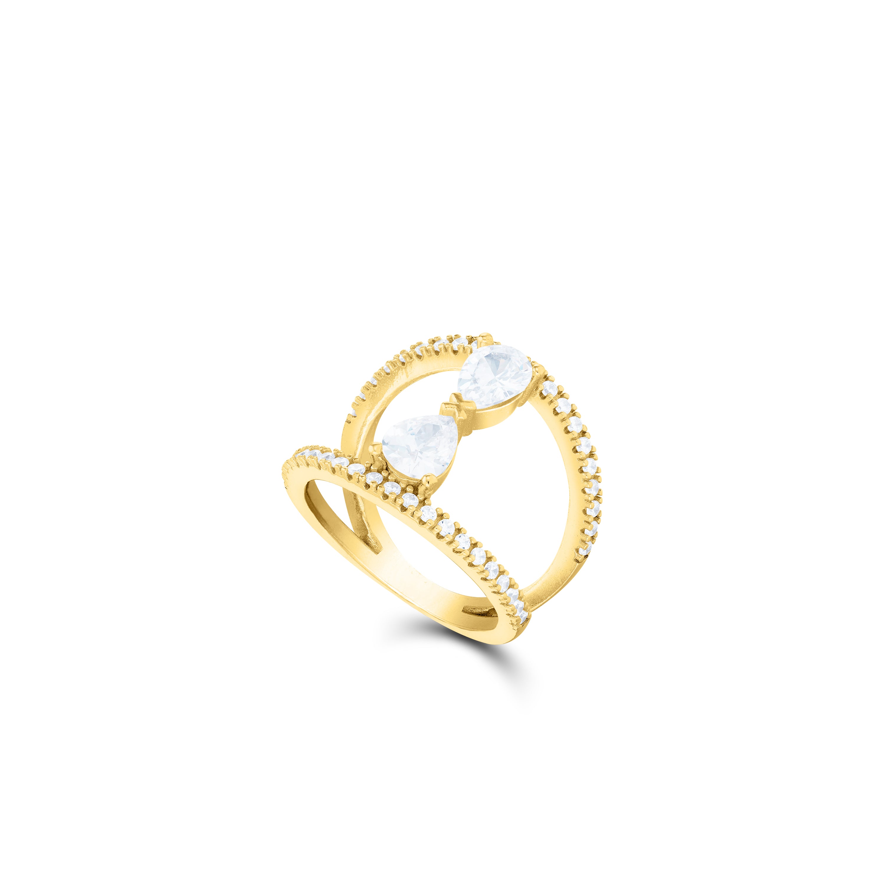 Double Teardrop Two Line Pave Ring - Gold White