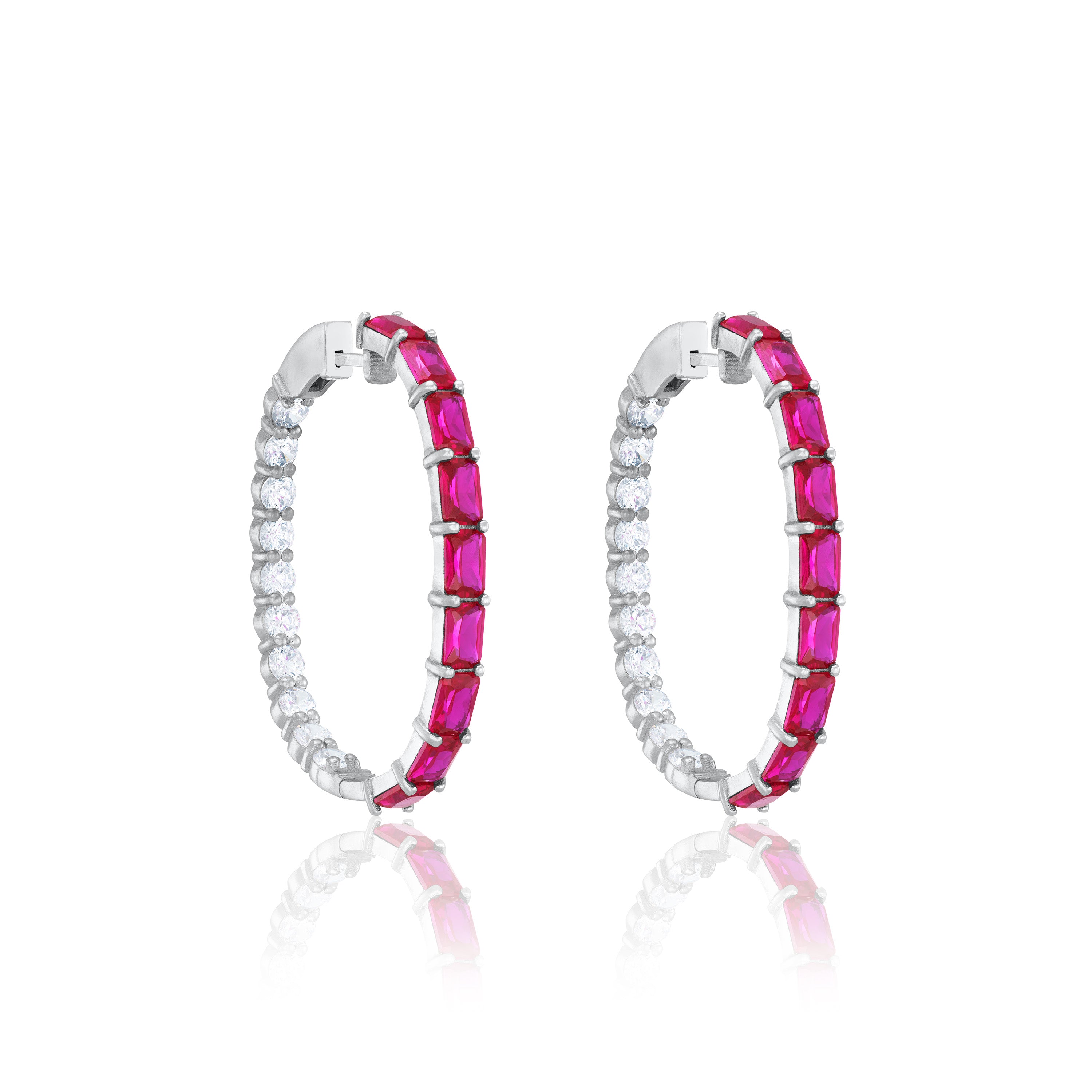 Emerald Cut And Round CZ Inside Out Hoop Earrings -  Silver Ruby And White