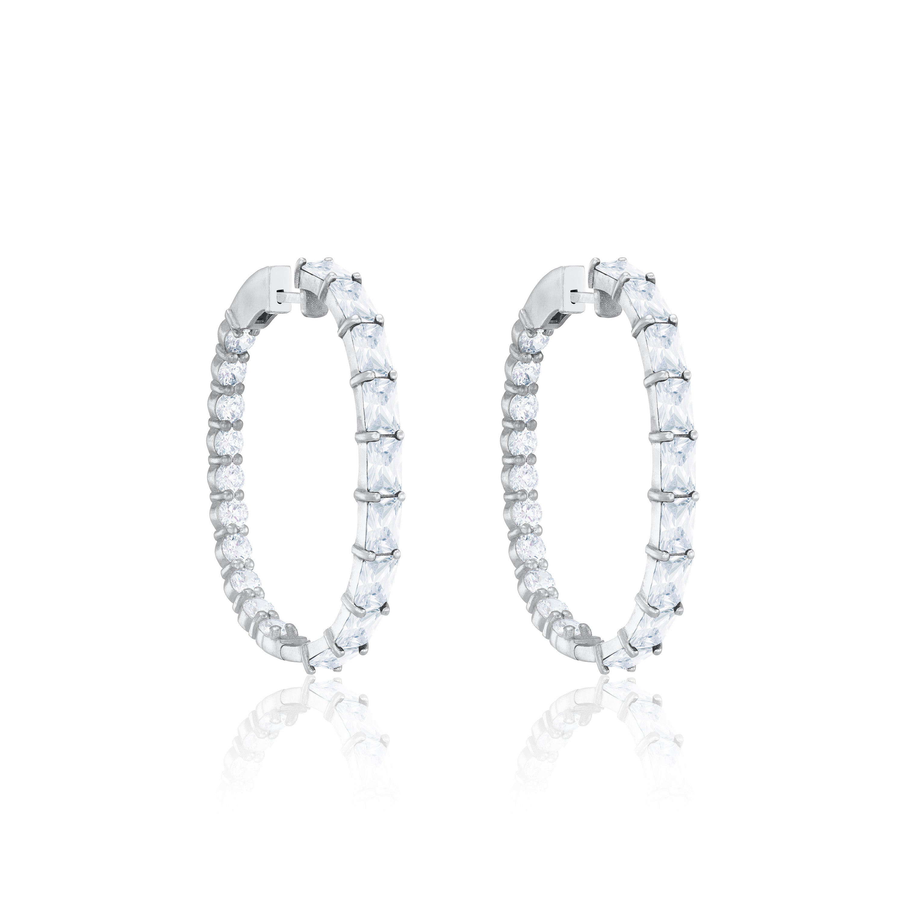 Emerald Cut And Round CZ Inside Out Hoop Earrings - Silver White
