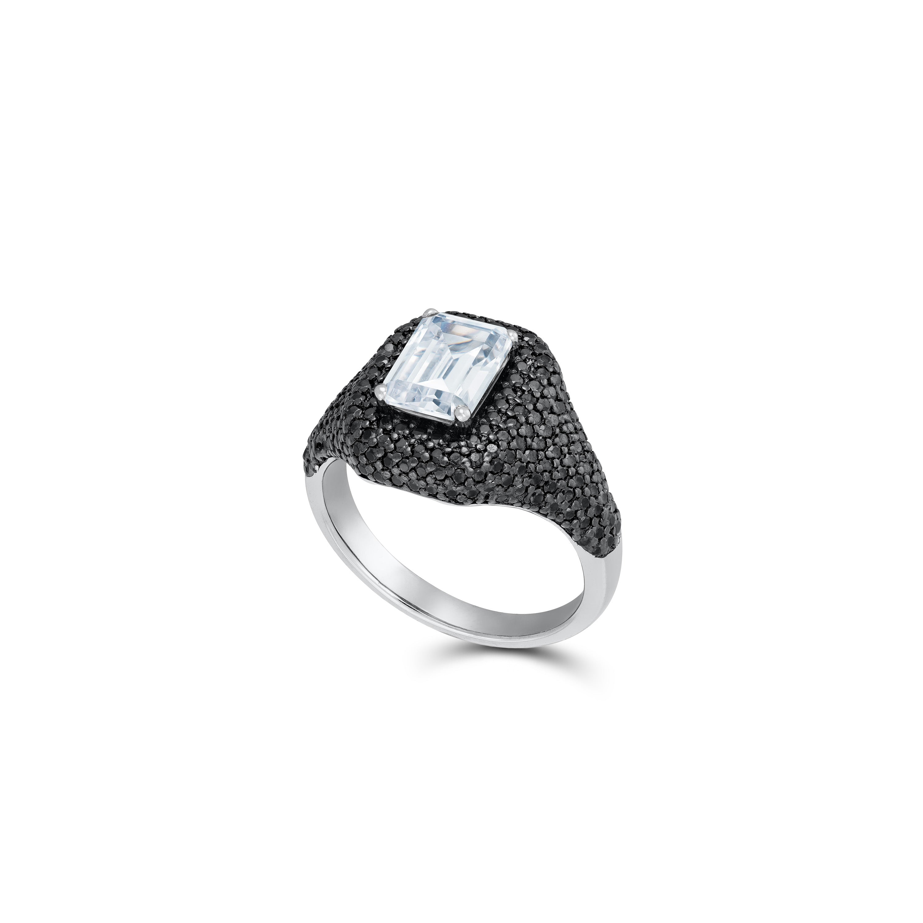 Emerald Cut Centered Cubic Zirconia Dome Ring - Silver Black And White