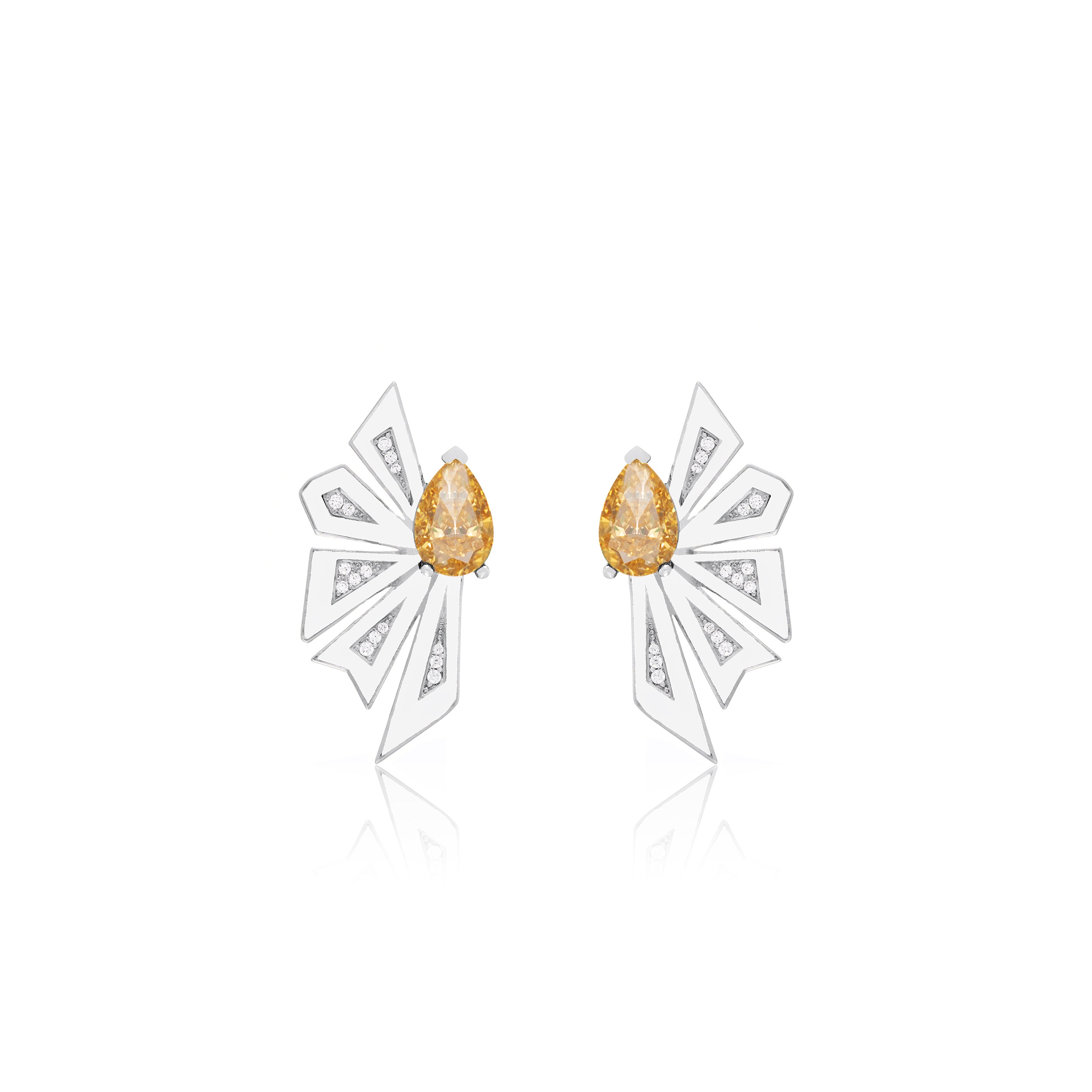 Enamel Half Flower With One Big Teardrop Earrings - Silver Cirtine And White