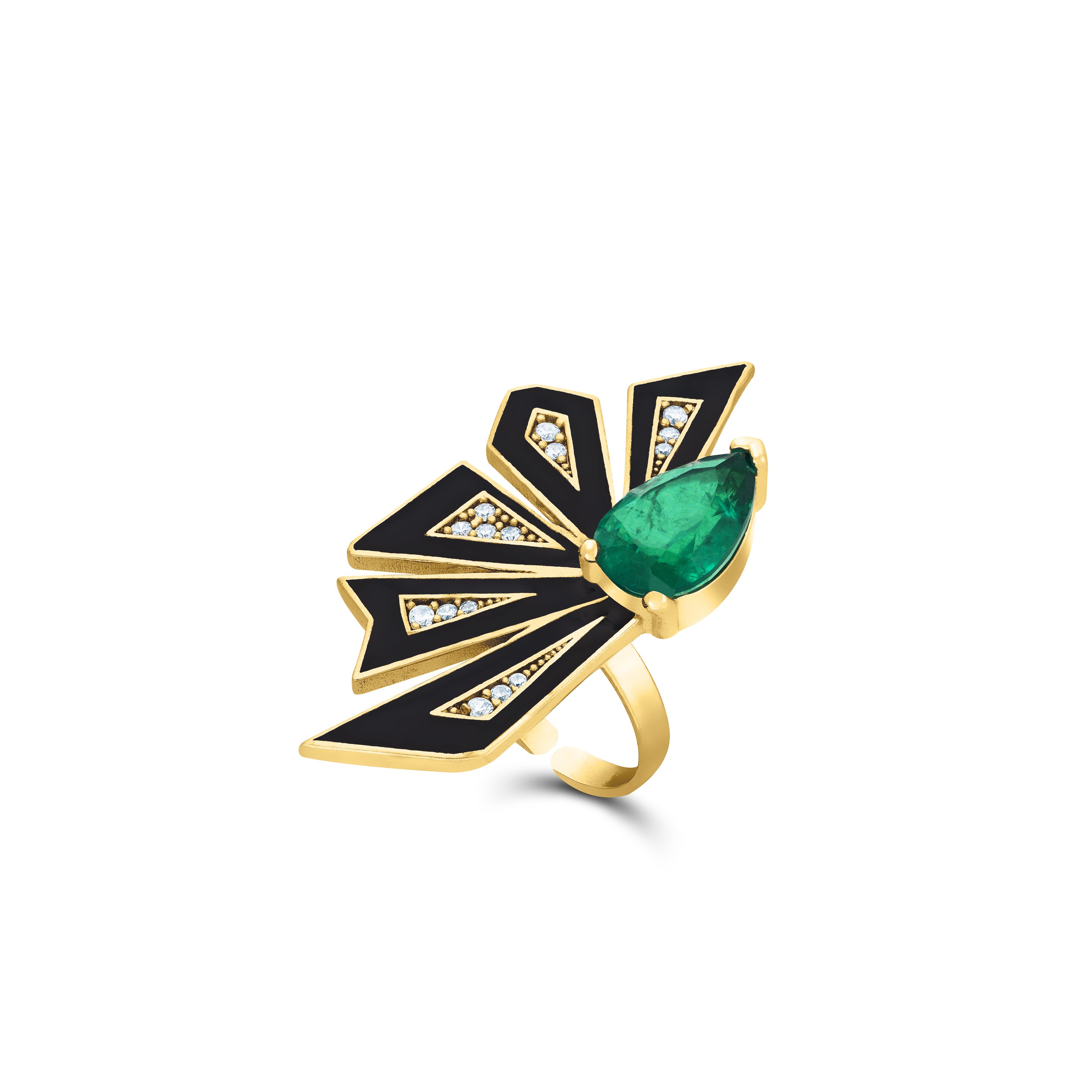Enamel Half Flower With One Big Teardrop Ring - Gold Green And White