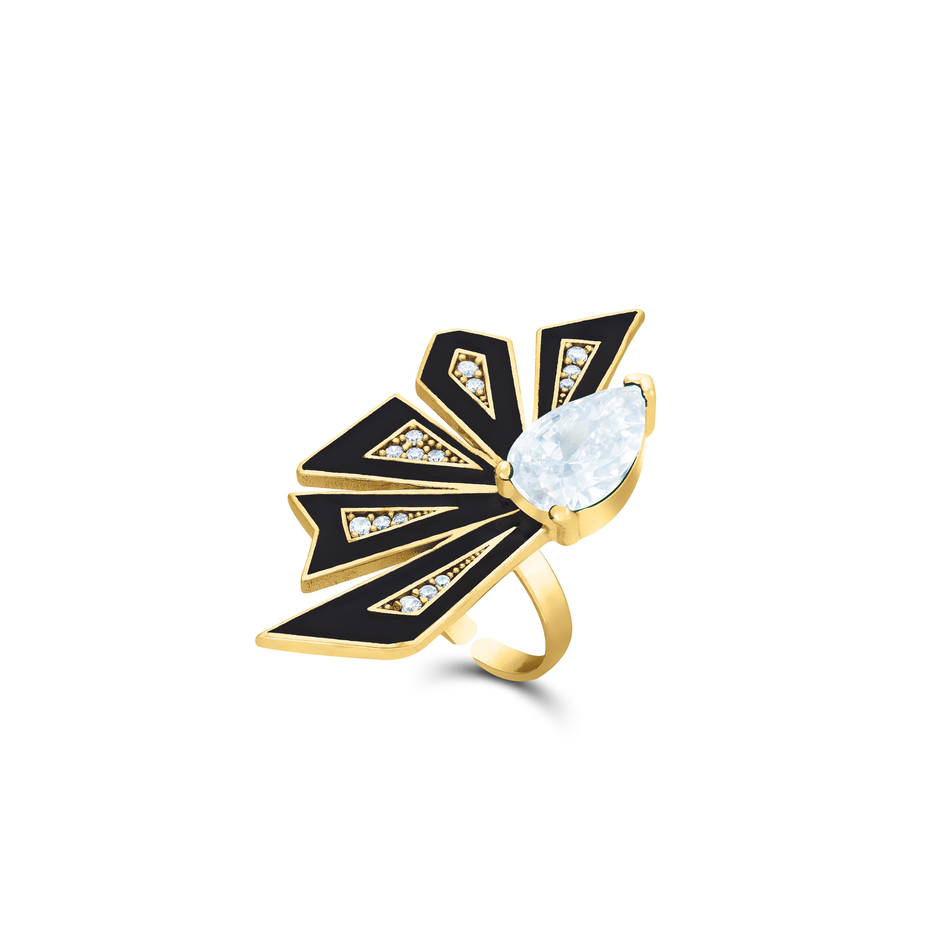 Enamel Half Flower With One Big Teardrop Ring - Gold White