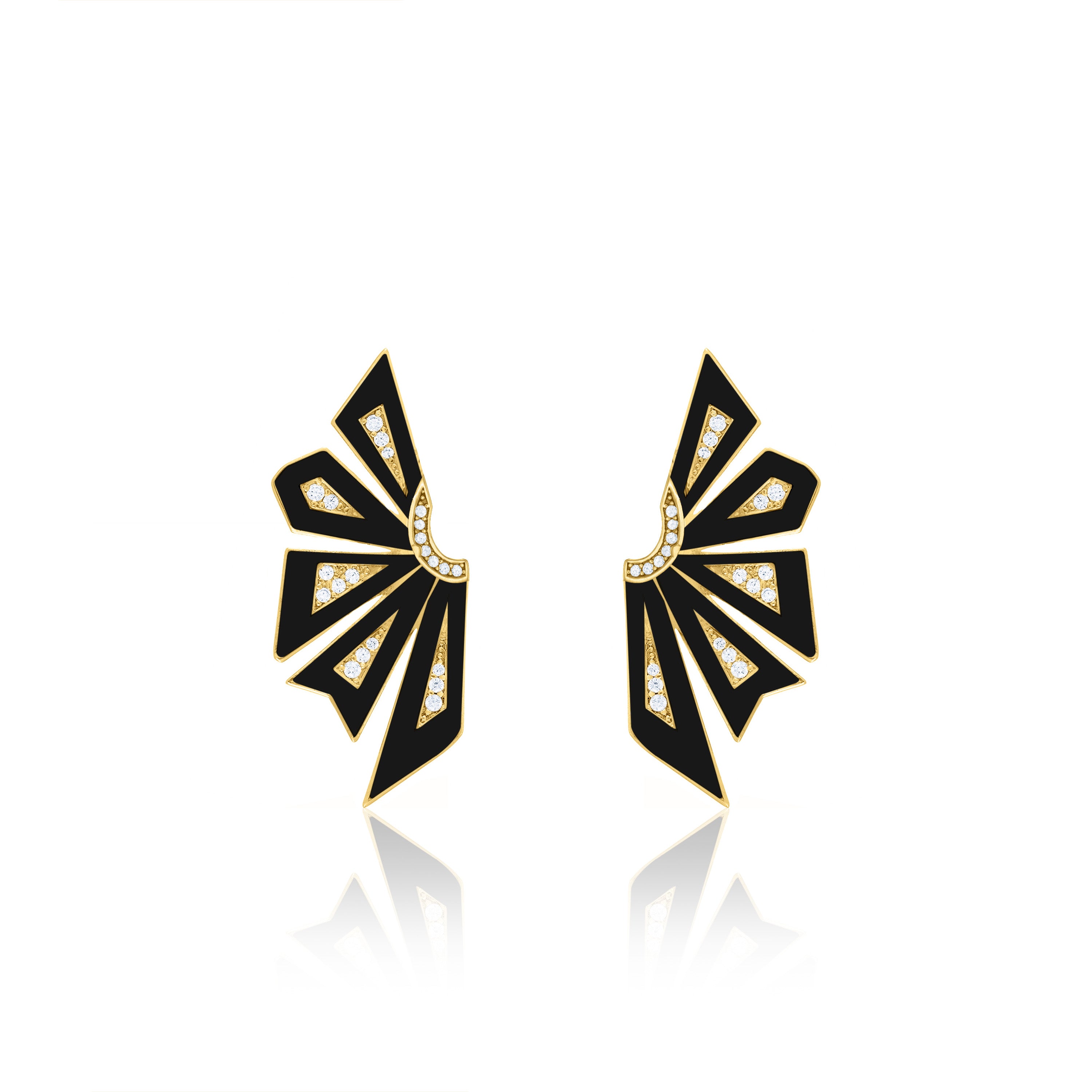 Enamel Half Flower With Side Cubic Zirconia Earrings - Gold Black