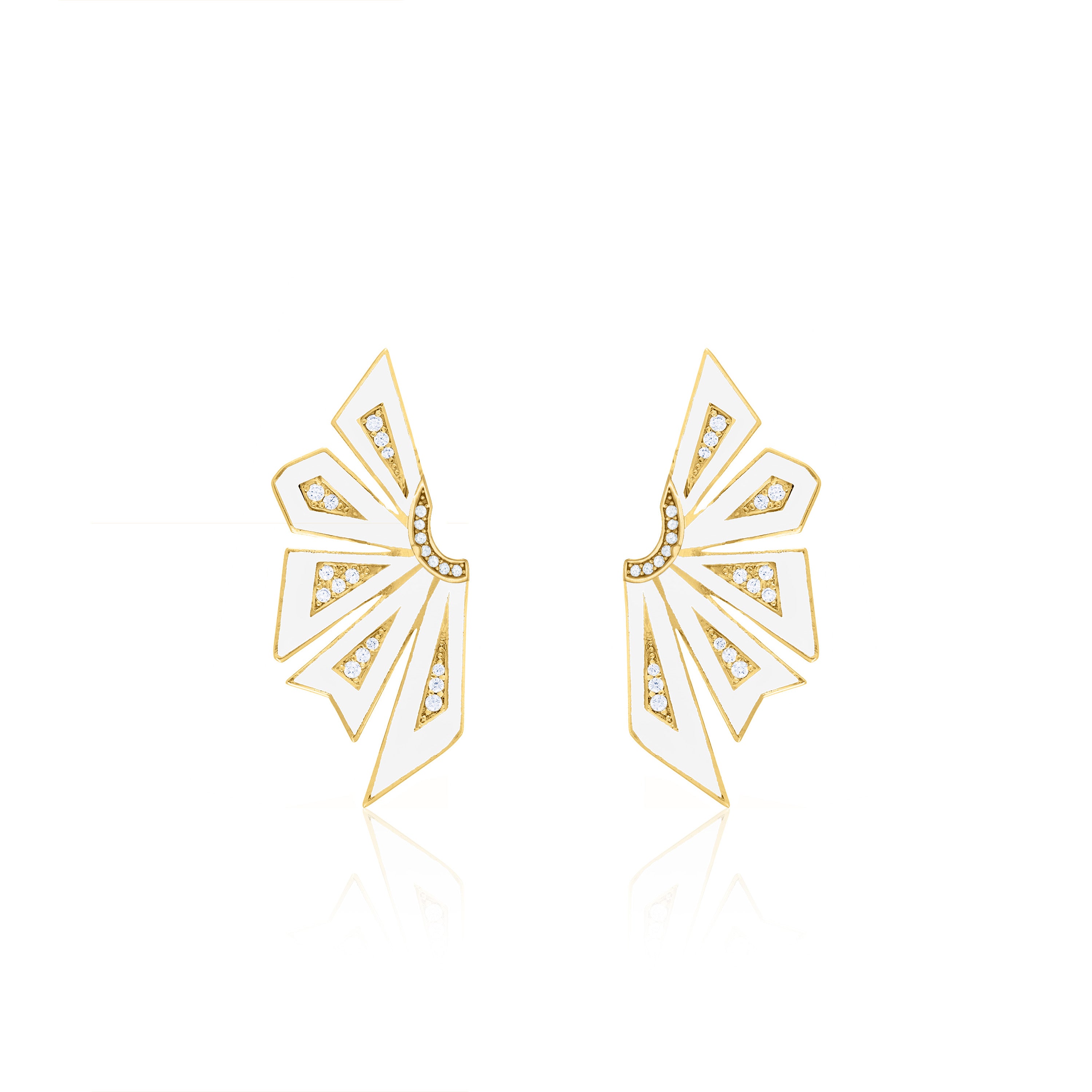 Enamel Half Flower With Side Cubic Zirconia Earrings - Gold White