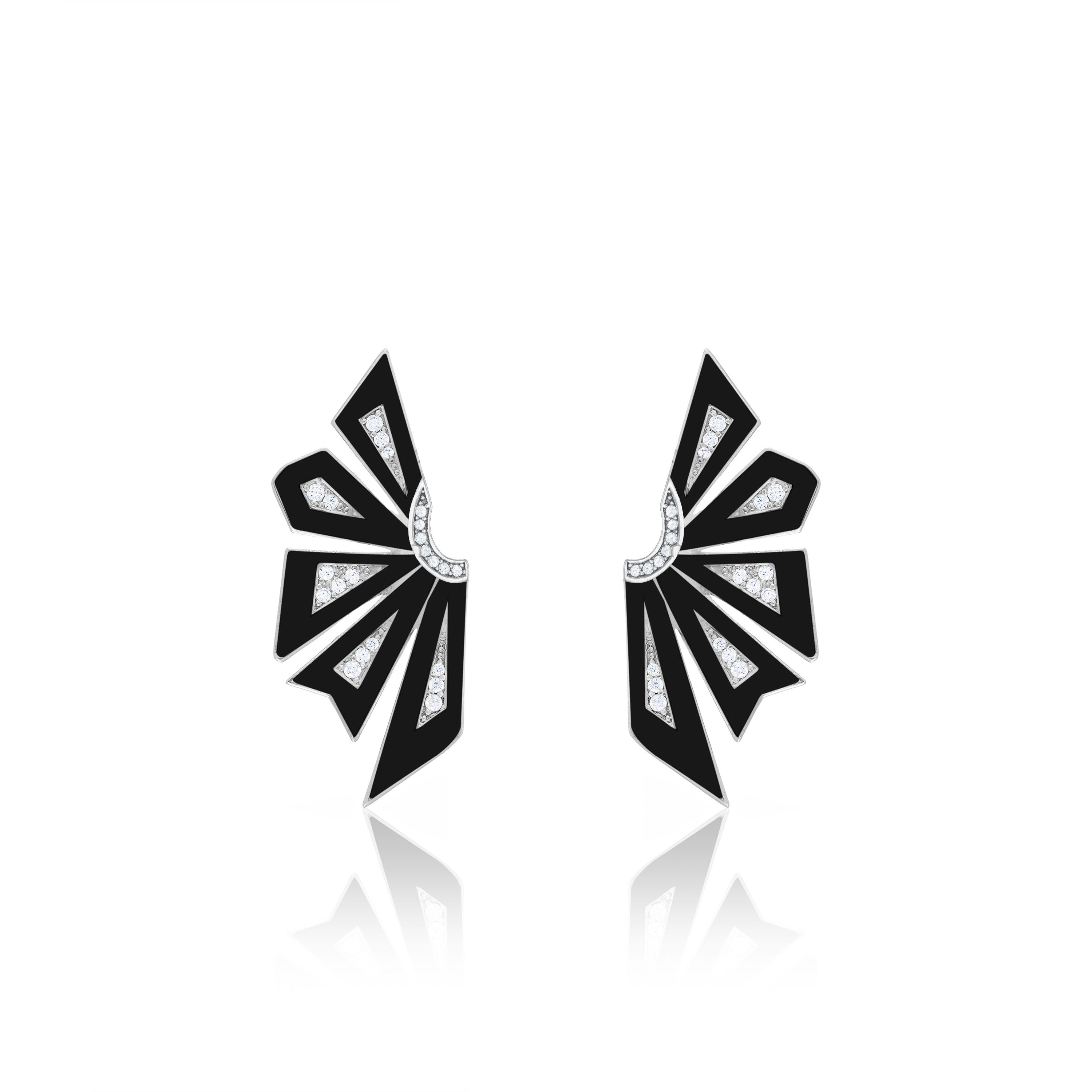 Enamel Half Flower With Side Cubic Zirconia Earrings - Silver Black