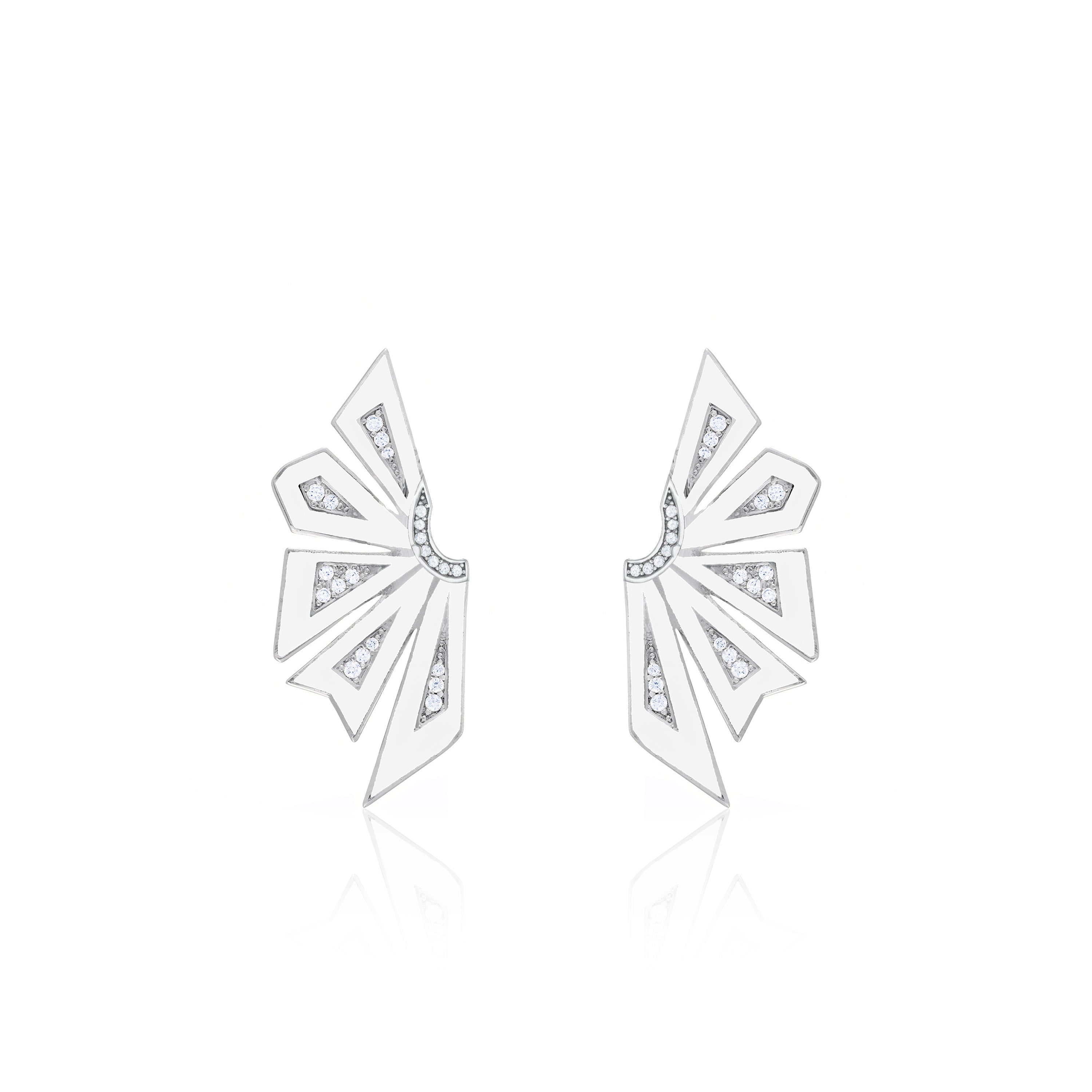 Enamel Half Flower With Side Cubic Zirconia Earrings - Silver White