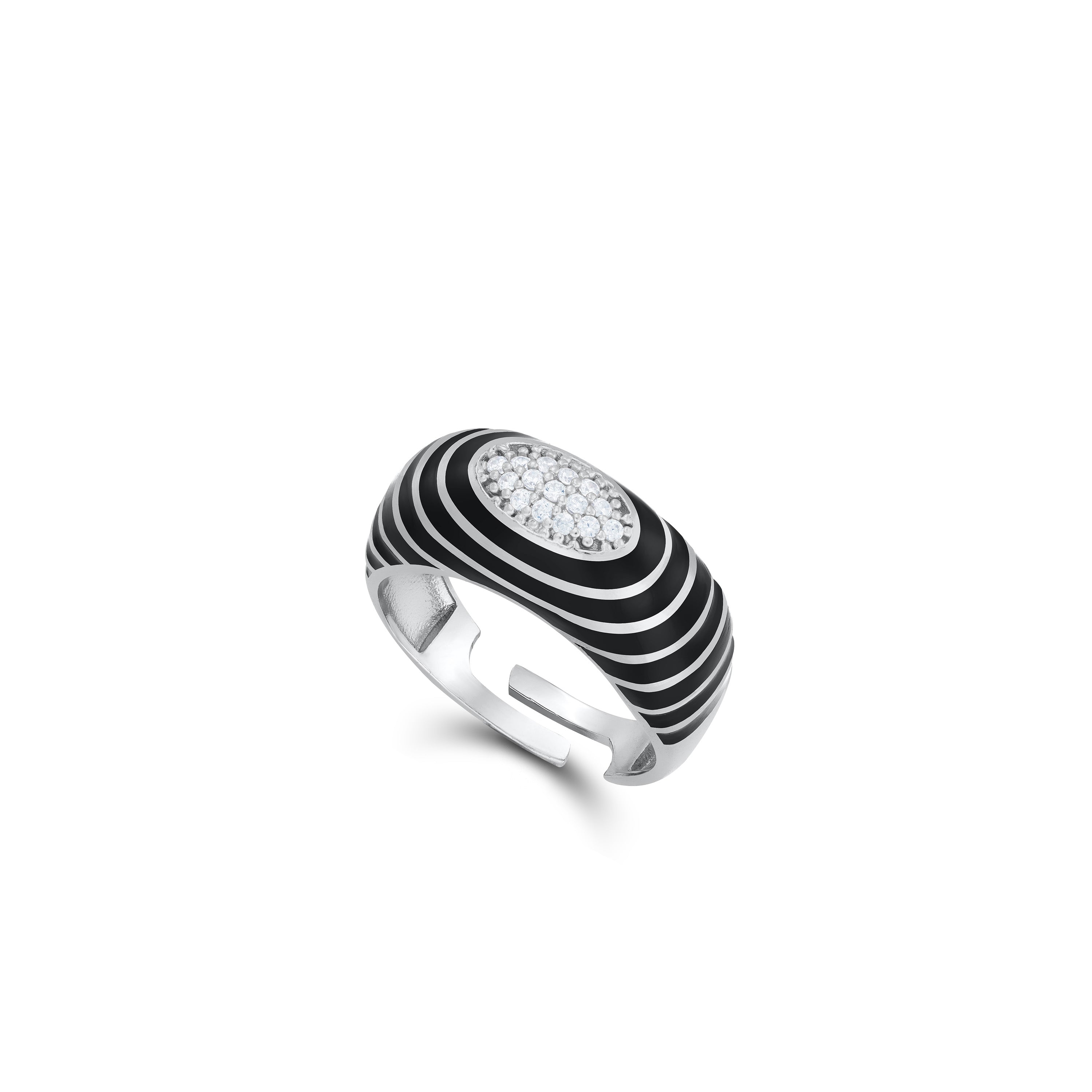 Enamel Round  Honeycomb Cubic Zirconia Ring  - Silver Black