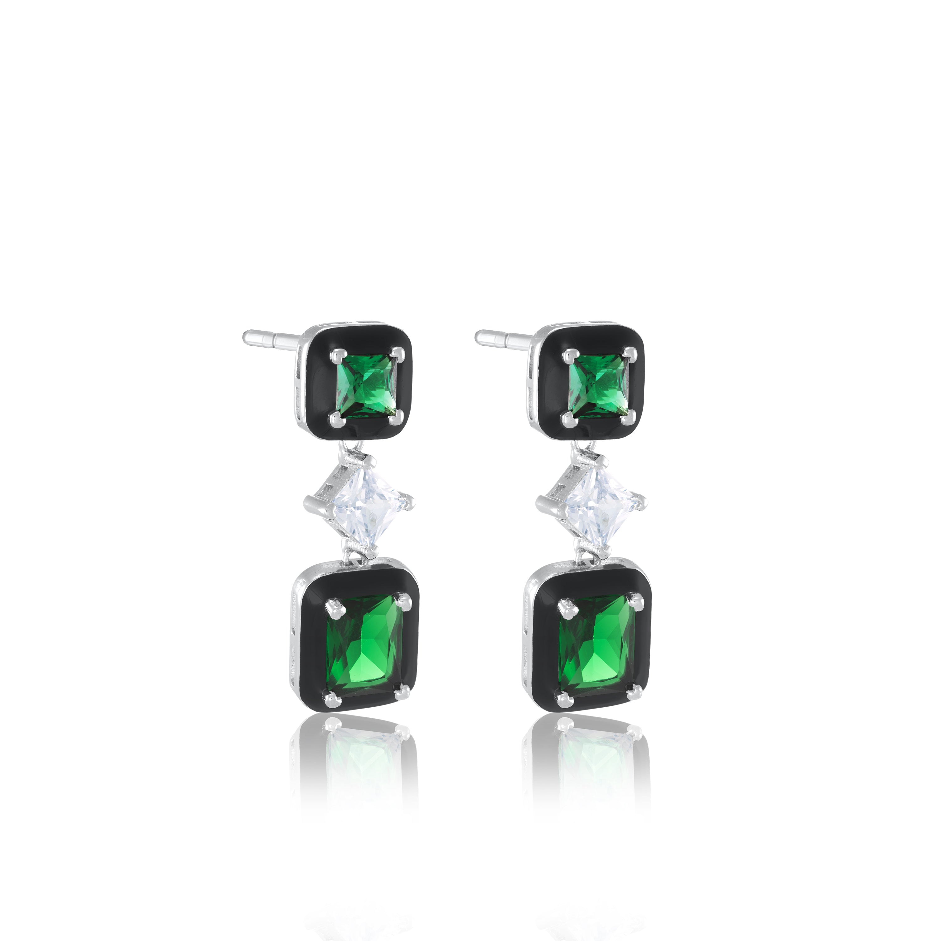 Cubic Zirconia Three Stone With Enamel Drop Earrings