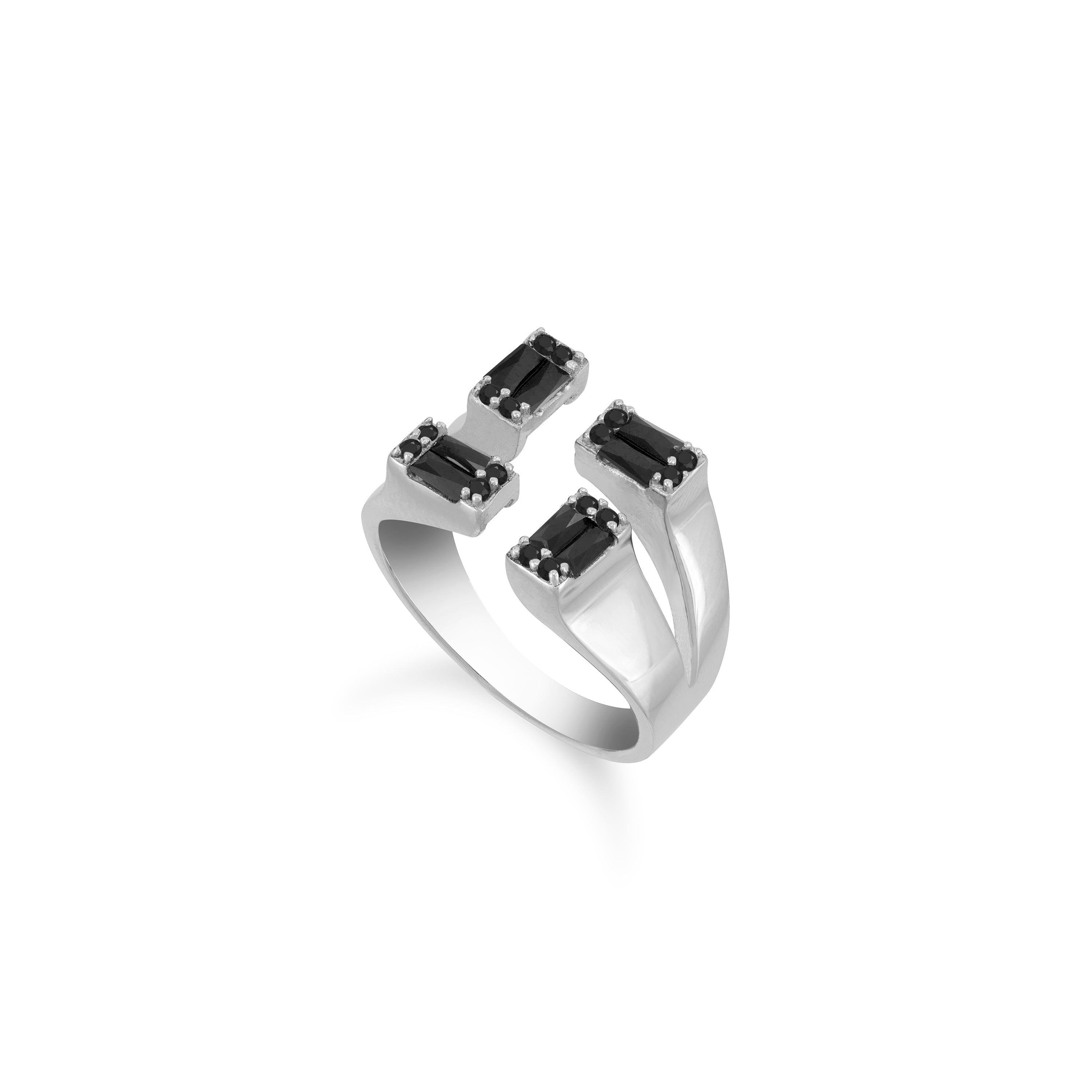 Four Baguette Stone Open Ring - Silver Black