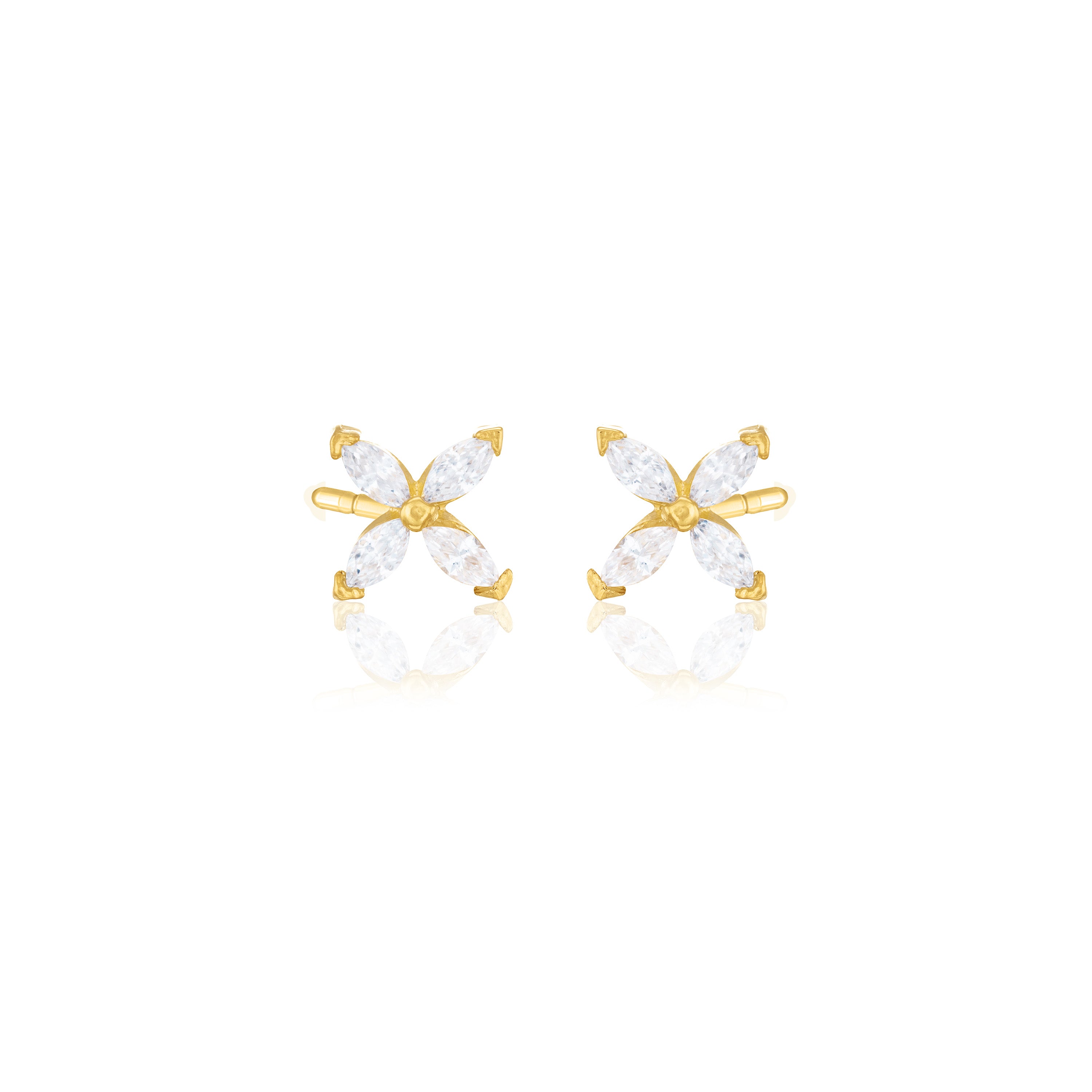 Four Marquise Flower Stud Earrings - Gold White