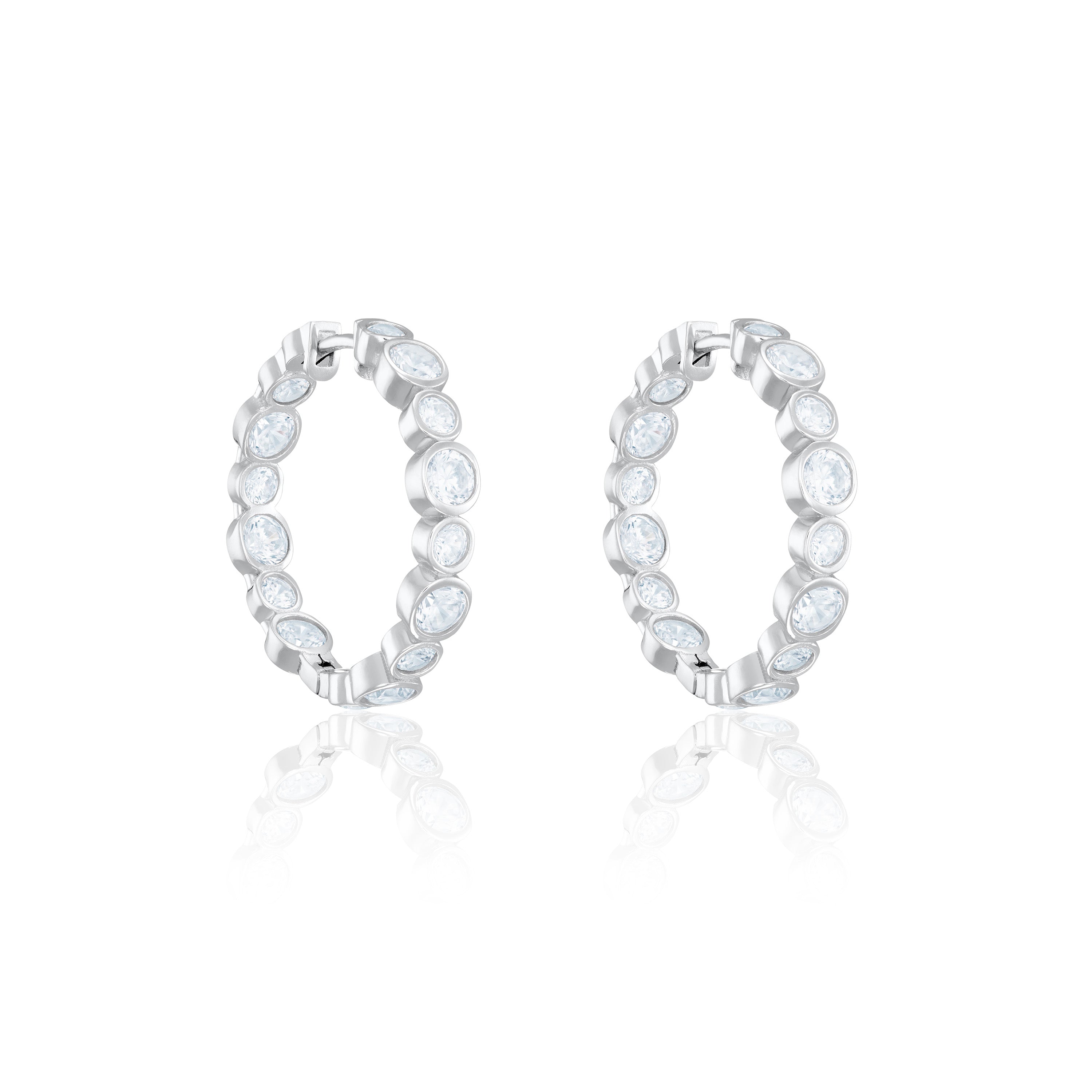 Graduated Round Bezel Cz Hoops Earrings - Silver White - Big