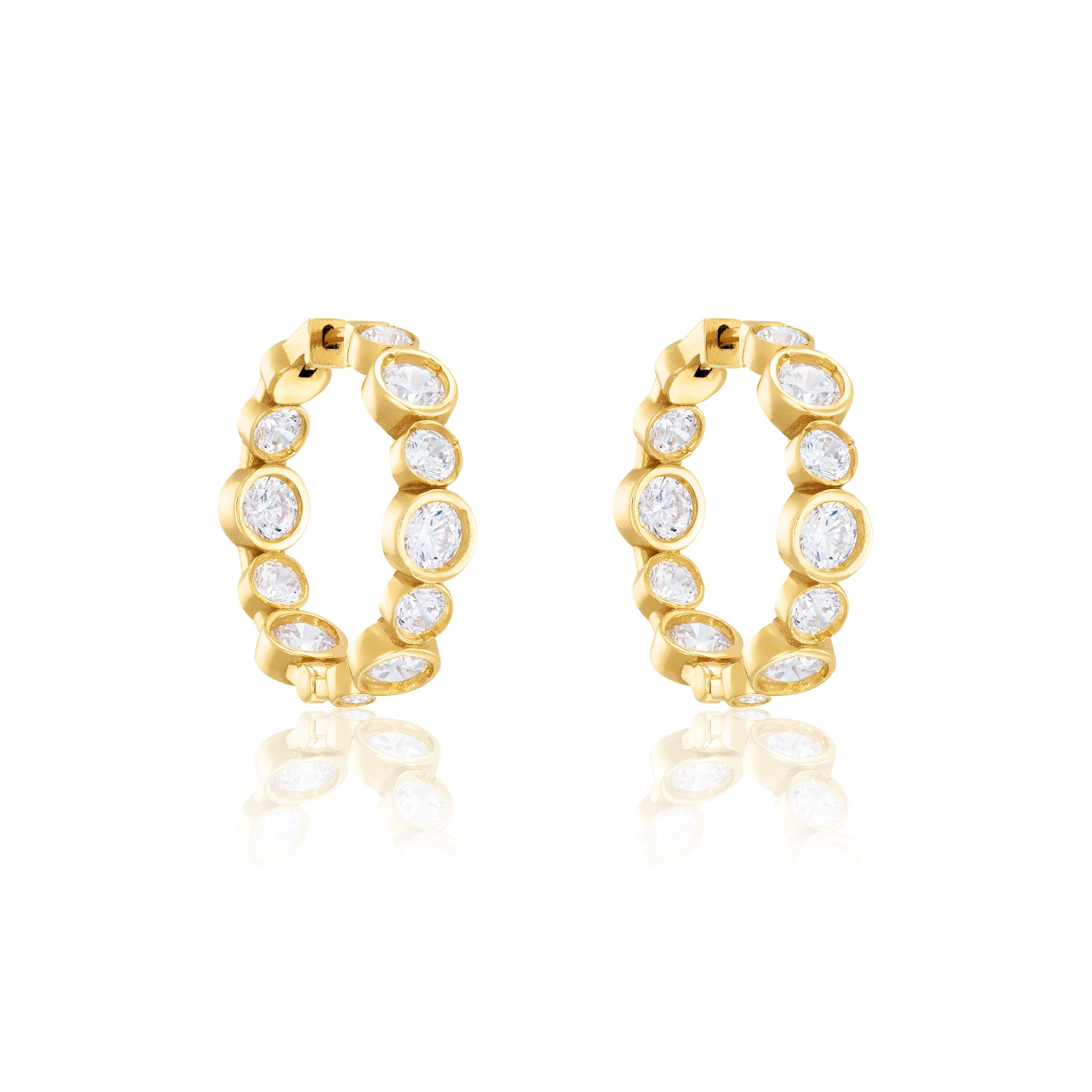 Graduated Round Bezel Cz Hoops Earrings - Gold White - Small
