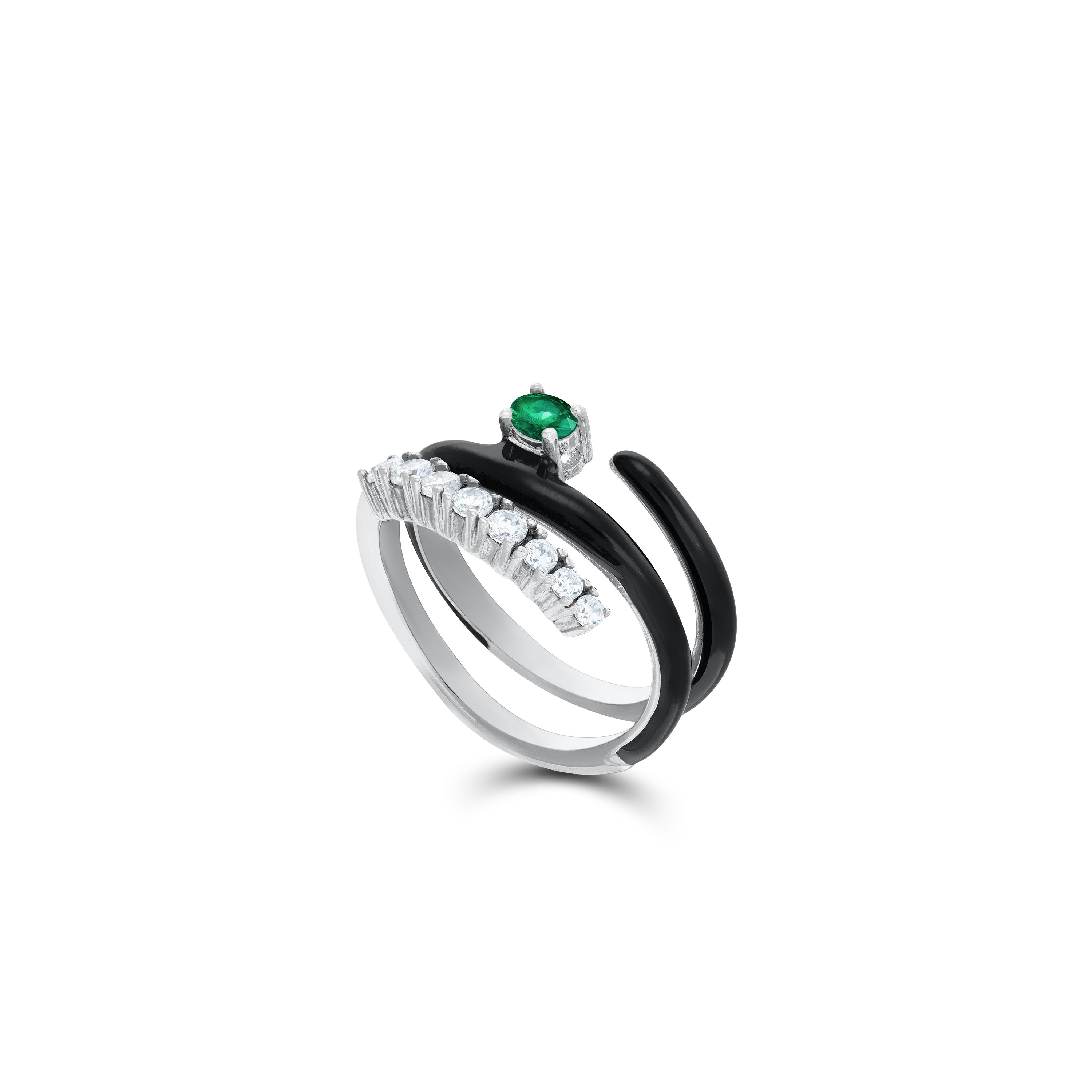 Half Cz Enamel Spiral Ring - Silver Green And White