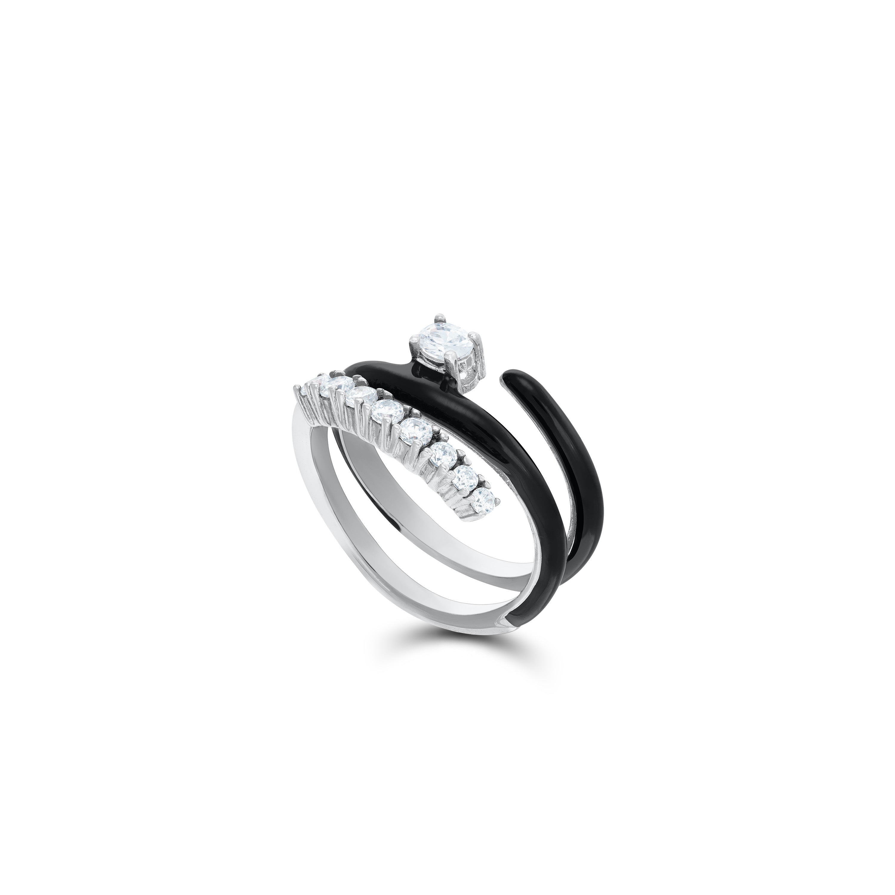 Half Cz Enamel Spiral Ring - Silver White