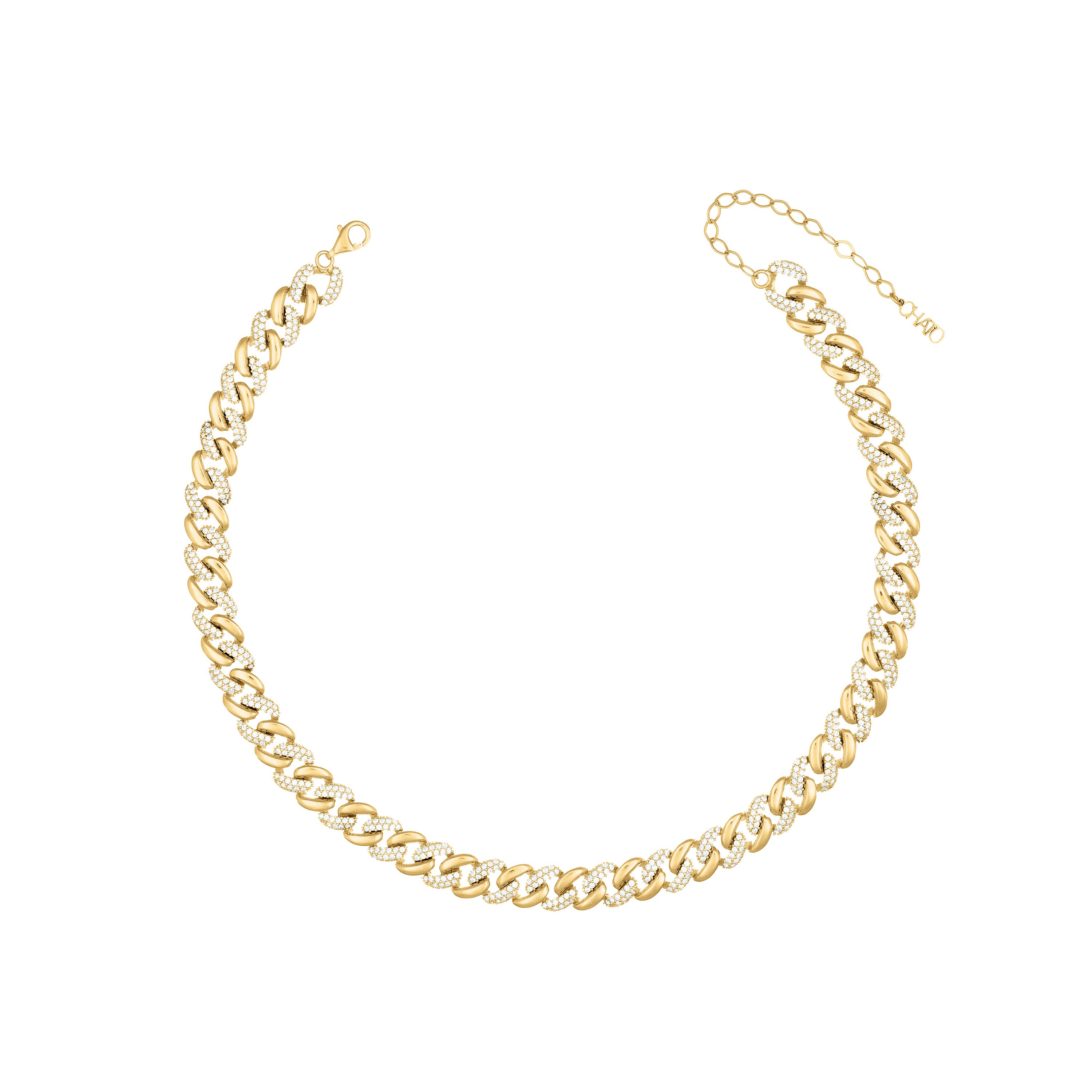 Half Pave Half Plain Cuban Link Chain Necklace - Gold White