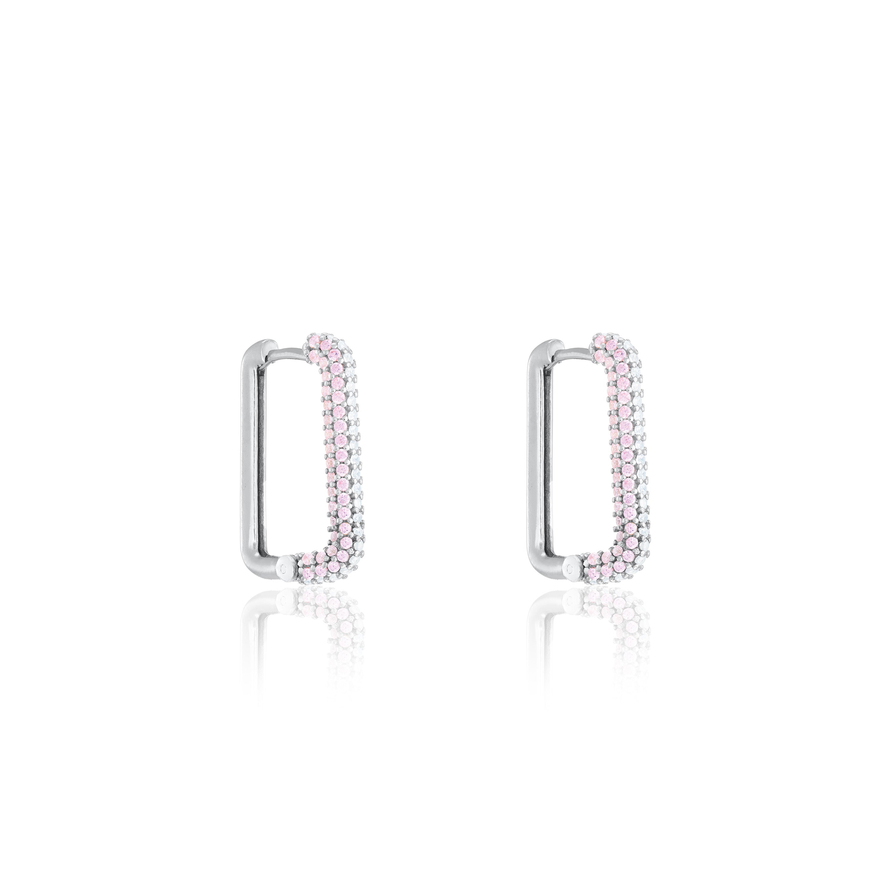 Half Pave Rectangular Hoop Earrings - Silver Light Pink and White - Side Pave