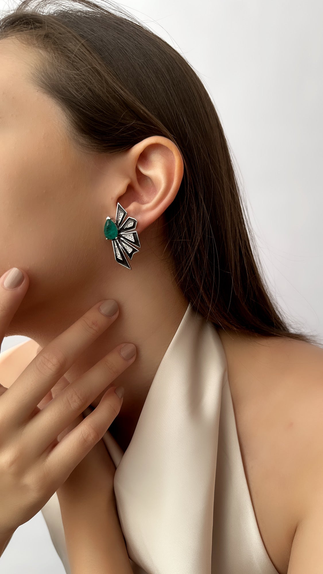 Enamel Half Flower With One Big Teardrop Earrings