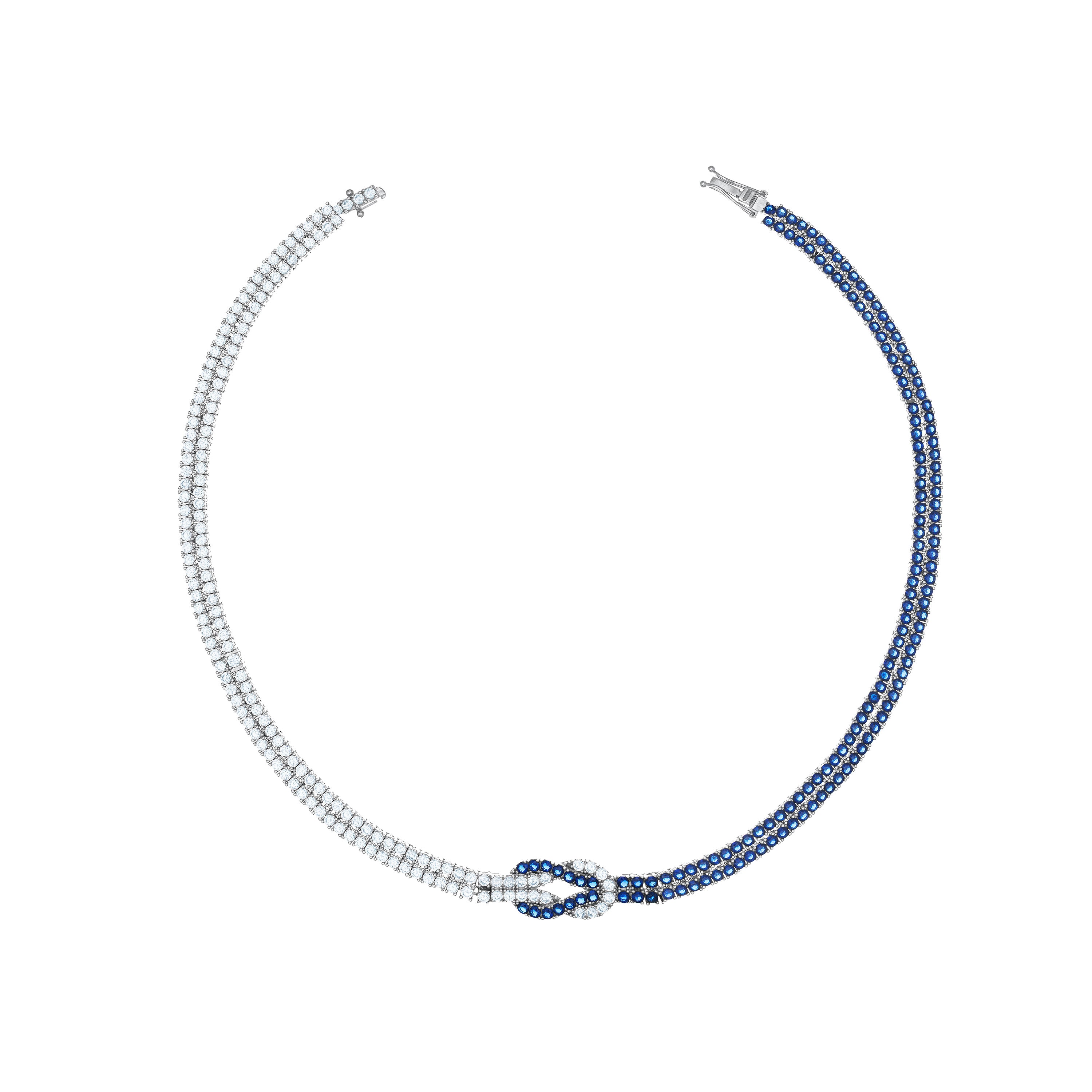 Infinity Knot CZ Tennis Necklace - Silver Navy Blue And White