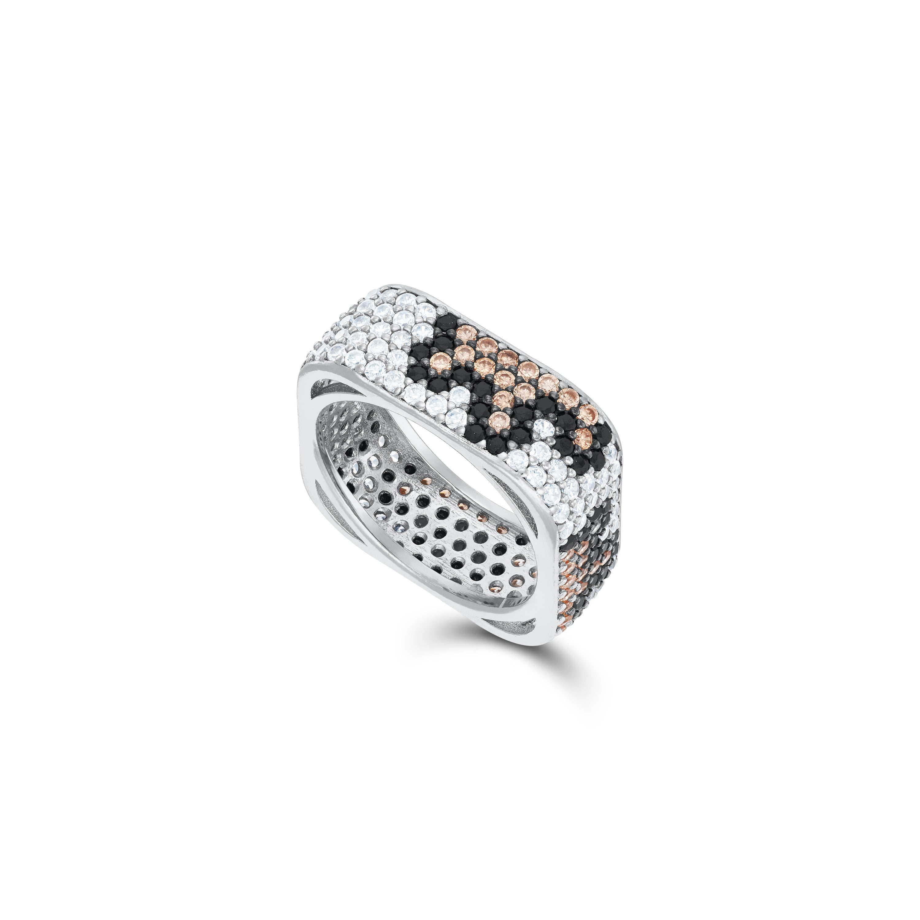 leopard Cubic Zirconia Ring - Silver Black Champagne And White - Square