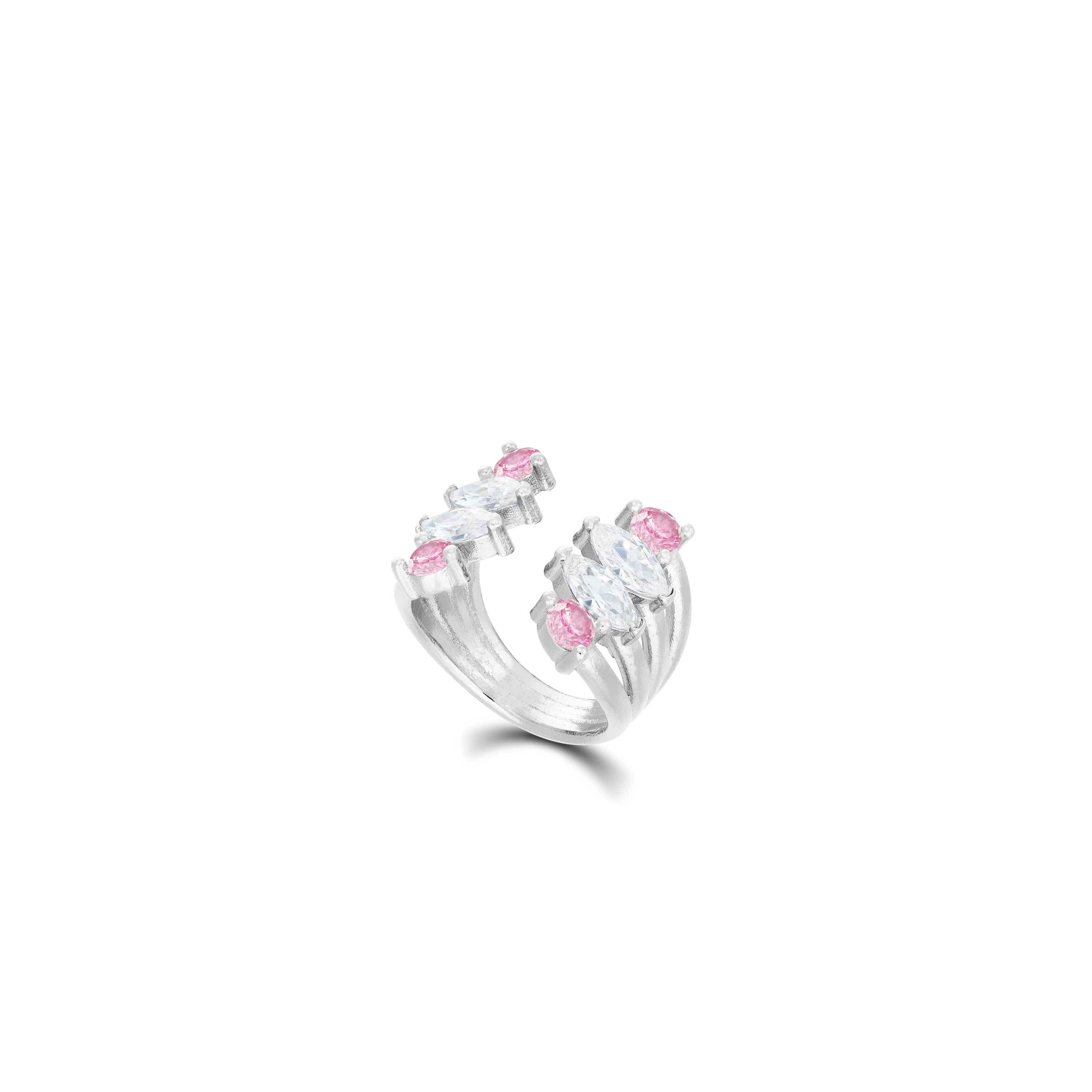 Marquise And Cubic Zirconia Open Band Pinky Ring - Silver Light Pink And White